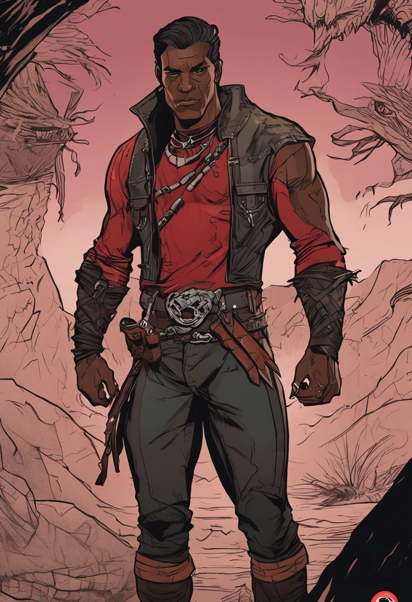 Boho is a half-orc fighter from the world of dungeons and dragons with an impressive mix of features, wearing tight turtleneck leather shirt and pants in dark red and black tones, that bring out all well-defined muscles. The face with captivating eyes and surprisingly sharp angles, possui uma beleza incomum para este tipo de criatura, leaving it uncertain whether Boho is male or female. Boho has no defined gender and has dark skin, cabelos vermelhos curtos