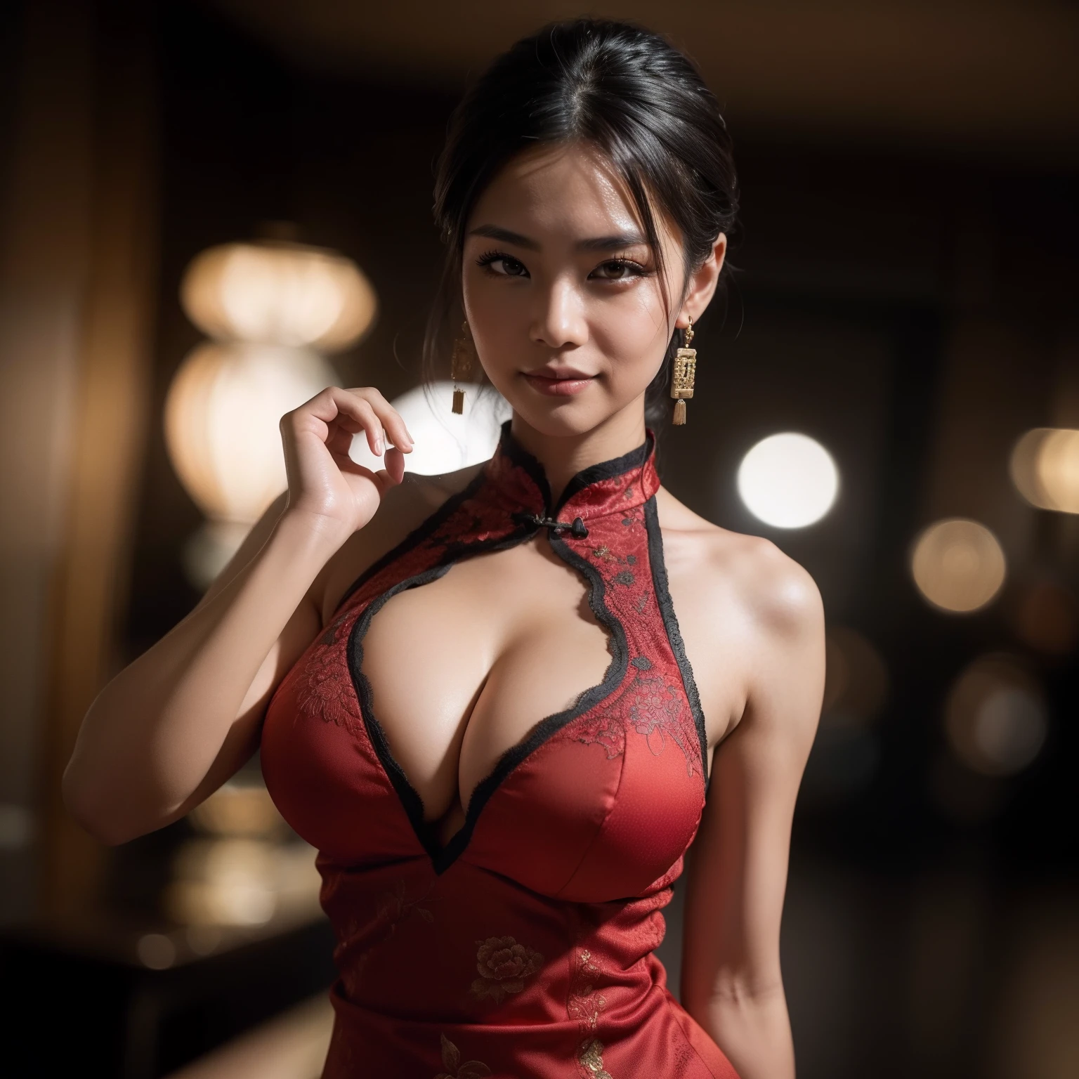 a Chinese woman wearing a cheongsam, muscular physique, fit, athletic, evil smile, cleavage, thin waist,
(((masterpiece))), ((best quality)), ((intricate detailed)), ((Hyperrealistic)), absurd res, milf, mature woman, perspective, highly detailed, 1girl, (perky breasts)), (realistic tits with nipples), perfect hands, detailed fingers, beautiful detailed eyes, updo hair, brown eyes, ( sexy chinese dress:1.2), earrings, detailed background, perfect eyes, seductive eyes, looking at the viewer, from front, hauntingly surreal, gothic, highly detailed and intricate, rich deep colors), masterpiece, award winning photography, lighting, perfect composition, high detail, hyper realistic,dramatic lighting, epic, (cinematic_light, cinematic_shadows, bokeh, depth of field:1.2),, natural skin texture,