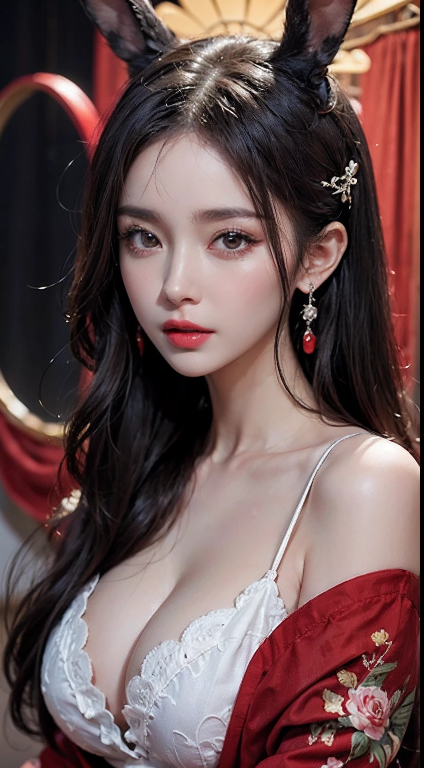 1 Beautiful girl in beautiful Hanfu, Thin red silk shirt，There are many yellow patterns, Black lace top, Light pink rabbit ears, Long hair dyed lilac platinum, （huge tit，cleavage），beautiful hair ornaments, Nice face Cute face, Perfect face, Earring jewelry, Antique jewelry, Big red eyes, Sharp eye makeup, Detailed eyelash makeup, Thin eyebrows, High nose, Nice red lips, no smile, pursed lips, rosycheeks, Large bust, Large bust, well-proportioned bust, Slim waist, Red mesh stockings，black border , chinese hanfu style, Fictional art patterns, vivid and real colors, RAW photo, Real photos are realistic, ultra high quality 8k surreal photos, Cool photos, (Virtual light effects: 1.8), 10x pixel, Magic effects (Background): 1.8), (hyper detail eyes: 1.8), (Eyelids): Eyes): Red: 1.8), (black eye pupil: 1.8)Beautiful girl portrait, lone girl, ancient hanfu background, head straight-looking at viewer, Wide original image, 8K quality, Super sharp , Most detailed、The sharpest image, Detailed bright background,