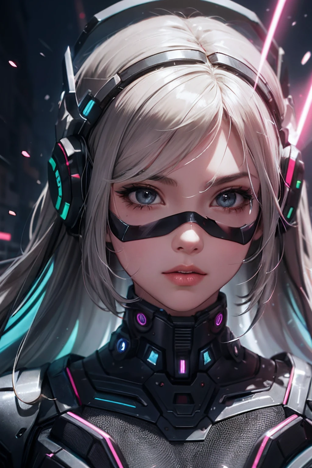 Mechanical girl, As estrelas,Best quality,4K,8K,A high resolution,tmasterpiece:1.2,ultra - detailed,actual,realistically:1.37,3 Rendering,vibrant with colors,Focus sharp,cyber punk personage,detailedfacialfeatures,Body makeover,shiny metallic skin,Deep dark background,starrysky,neonlight,Mechanical limb,The future of dystopia,A technological marvel,futuristic outfit,Strong and confident expression,Utopian metropolis,nighttime scene,beautiful glowing eyes,Long, flowing hair,subtle bokeh effect,industrial machinery,HDR lighting,Tough texture,scifi aesthetic