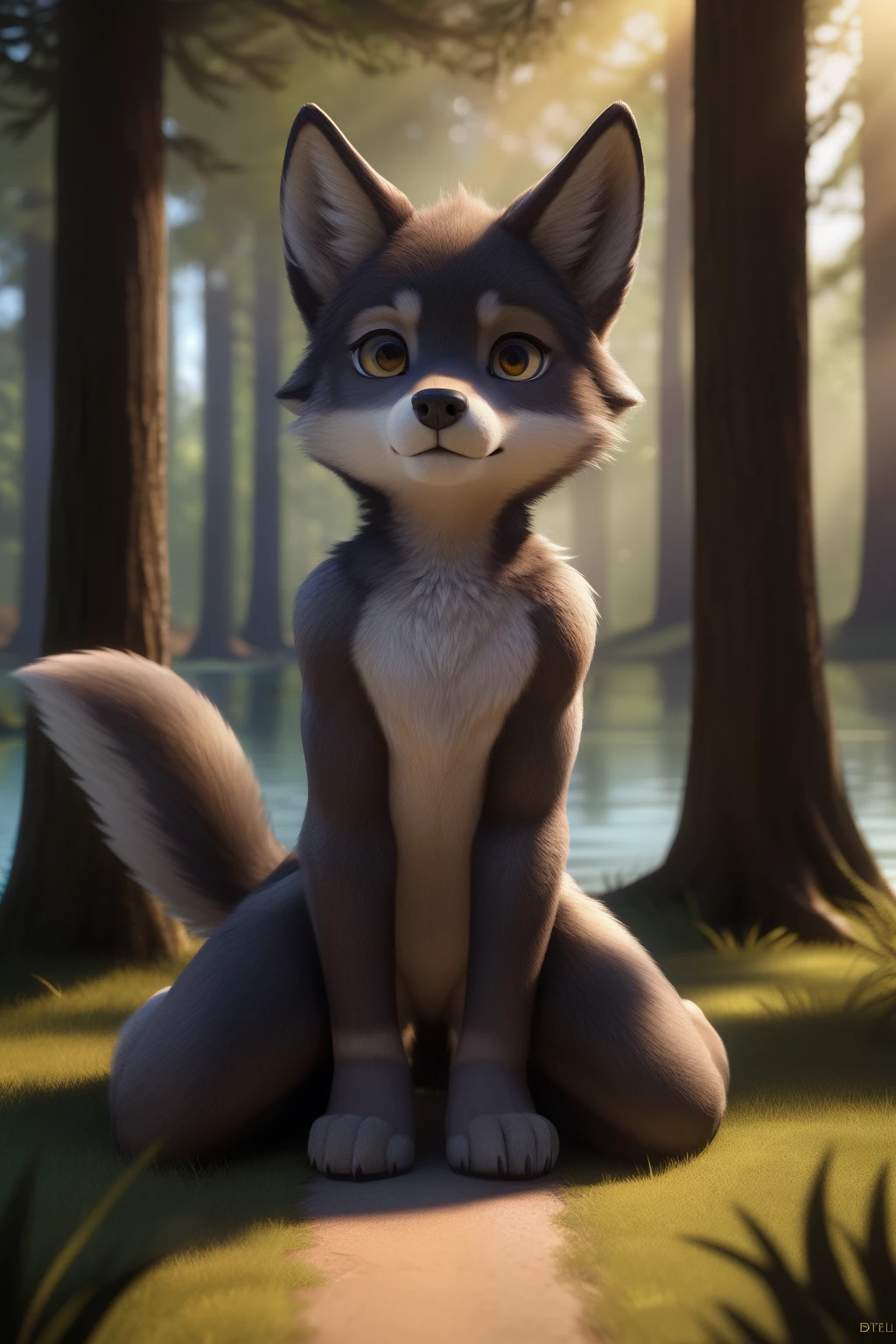 uploaded on e621, full body portrait of a masterpiece, high quality best quality, a (anthro:1.0) (loli:0.8) (cub:1.2) (wolf girl:1.2) with a big head and small body, fur markings, paws, grey fur, fluffy, wolf tail and ears, flat chest, looking at viewer, featureless crotch, tufts of fur, featureless chest,
BREAK ((lying on ground, forest, lake)), BREAK
(detailed background, depth of field, half body shadow, sunlight, ambient light on the body),
(intricate  PS no:0.7), (high detail:1.2), (unreal engine:1.3), (sharp focus:1.15), (masterpiece, best quality, 4k, 2k, shaded, absurd res)