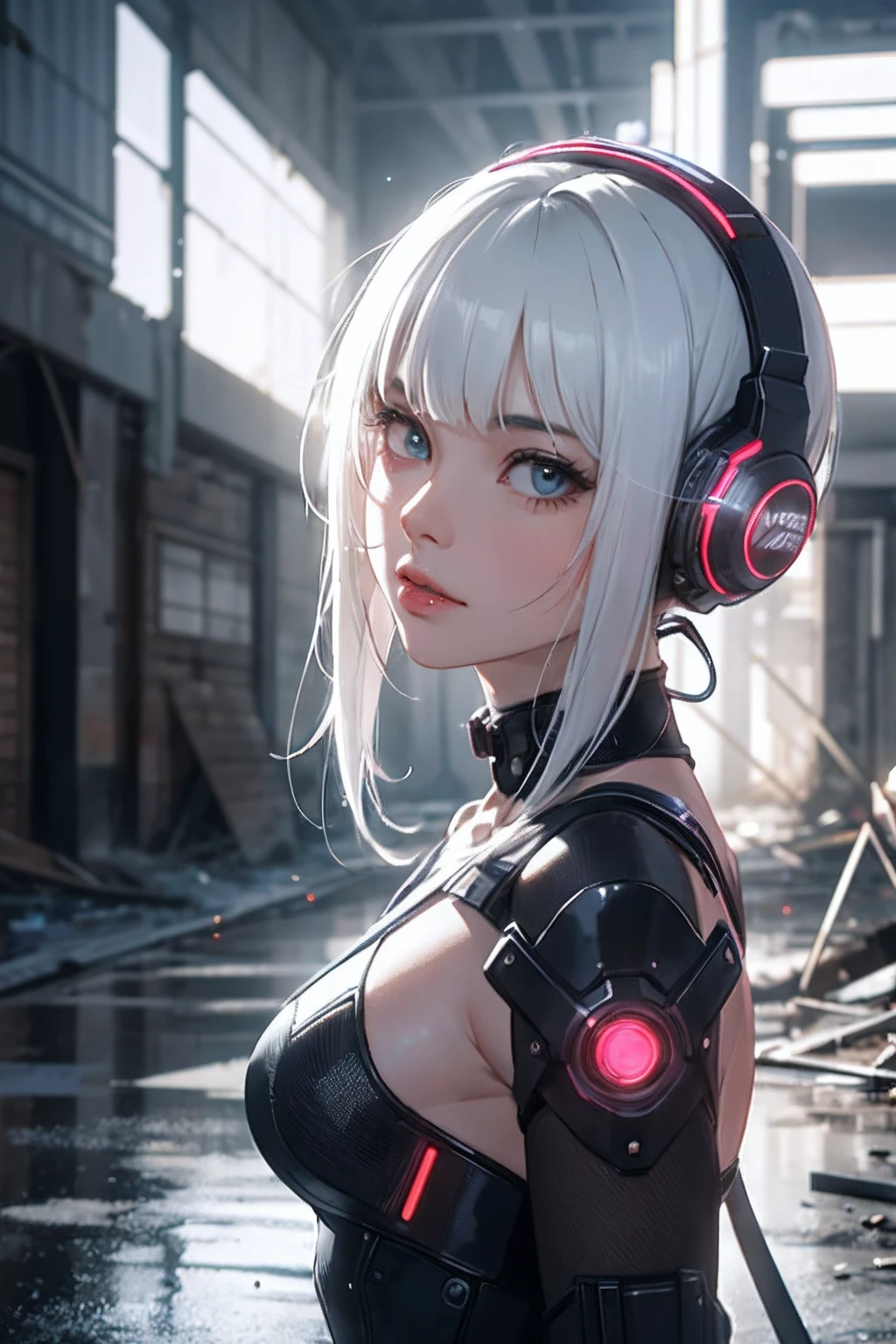 A robotic anime girl with white hair and red eyes face profile, 8k --auto --s2