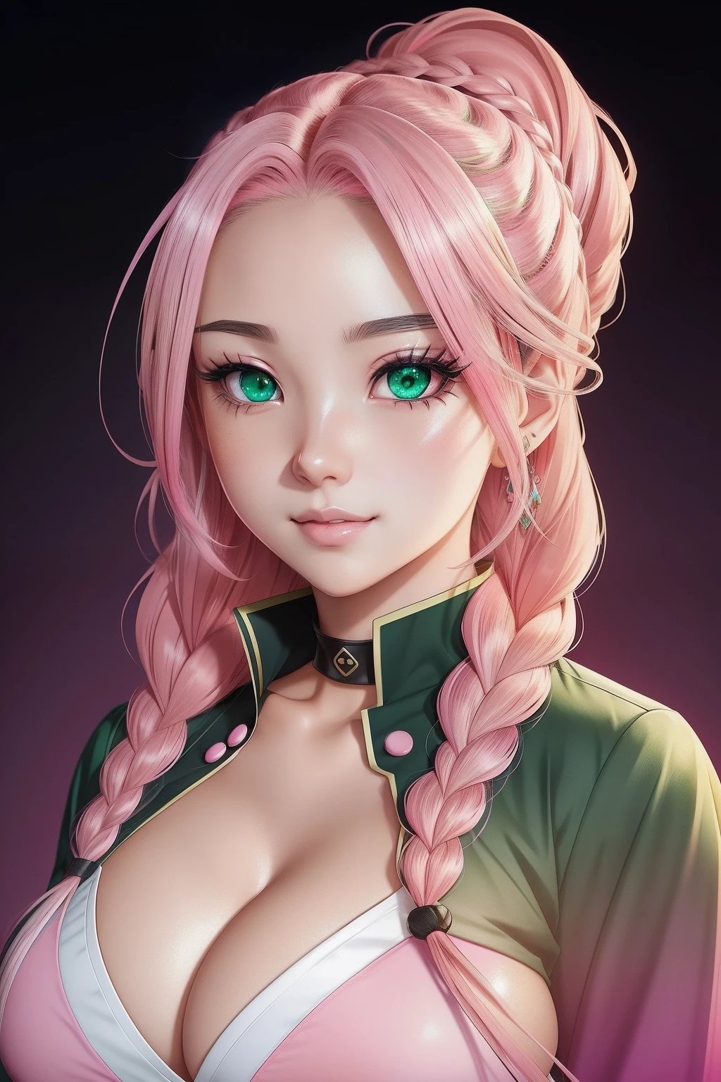 cleavage, big boobs, looking at viewer, Asian, women, braids, (((gradient hair green and pink))), perfect face, realistic skin (((high detailed skin))), smiling, Al art, Mitsuri Kanroji, Kimetsu no Yaiba, cleavage cutout, uniform, illustration, digital art, artwork, portrait display, open shirt, two tone hair, ((beauty realistic anime eyes)), 4K, Full UHD