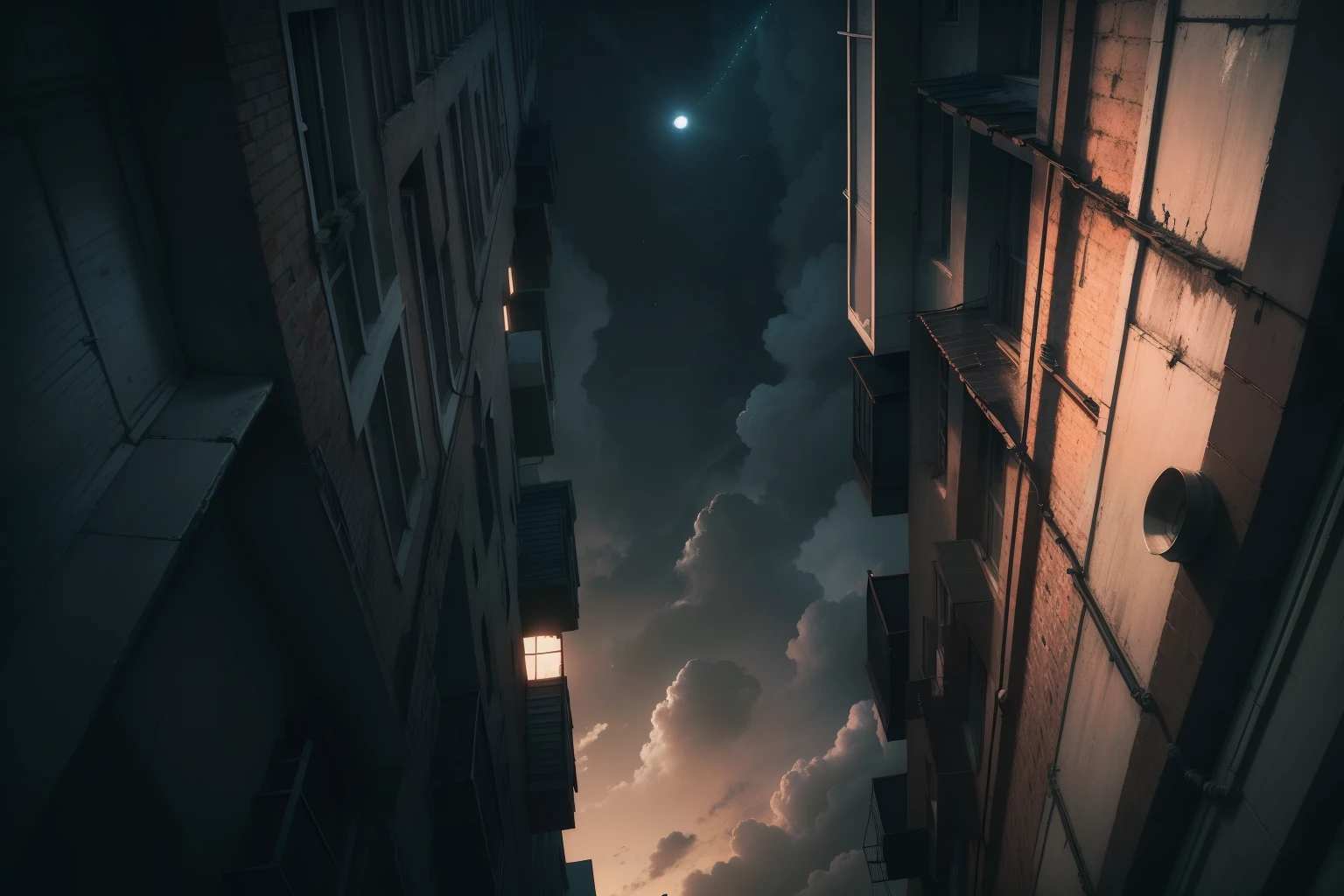 Looking up from the bottom, Straight up, Without land, alleyway, the night, Bright signage, Russia, Five-storey houses, gloomy atmosphere, ghetto, Looking up at the sky, Straight up, Without land, gloom, the night, Darkness