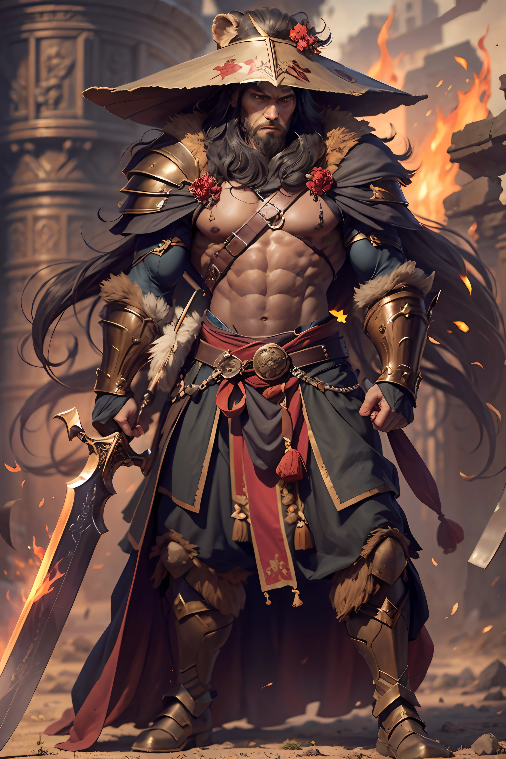 （anthropomorphic turtle），（Lion warriors：1.4），Sword and shield，a tall body，Stout limbs，Look at me condescendingly，disdain，ran，tosen，The long hairs of the flame fluttered in the wind，combats，Dynamic lines，Dimly lit battlefield，Ruined castle，（stereoscopic perspective：1.4），Works of masters，super-fine，4K分辨率，high qulity，电影灯光，High picture detail，Detailed pubic hair，Epic shooting，Clearly focused hair，Detailed hair depiction，acurate