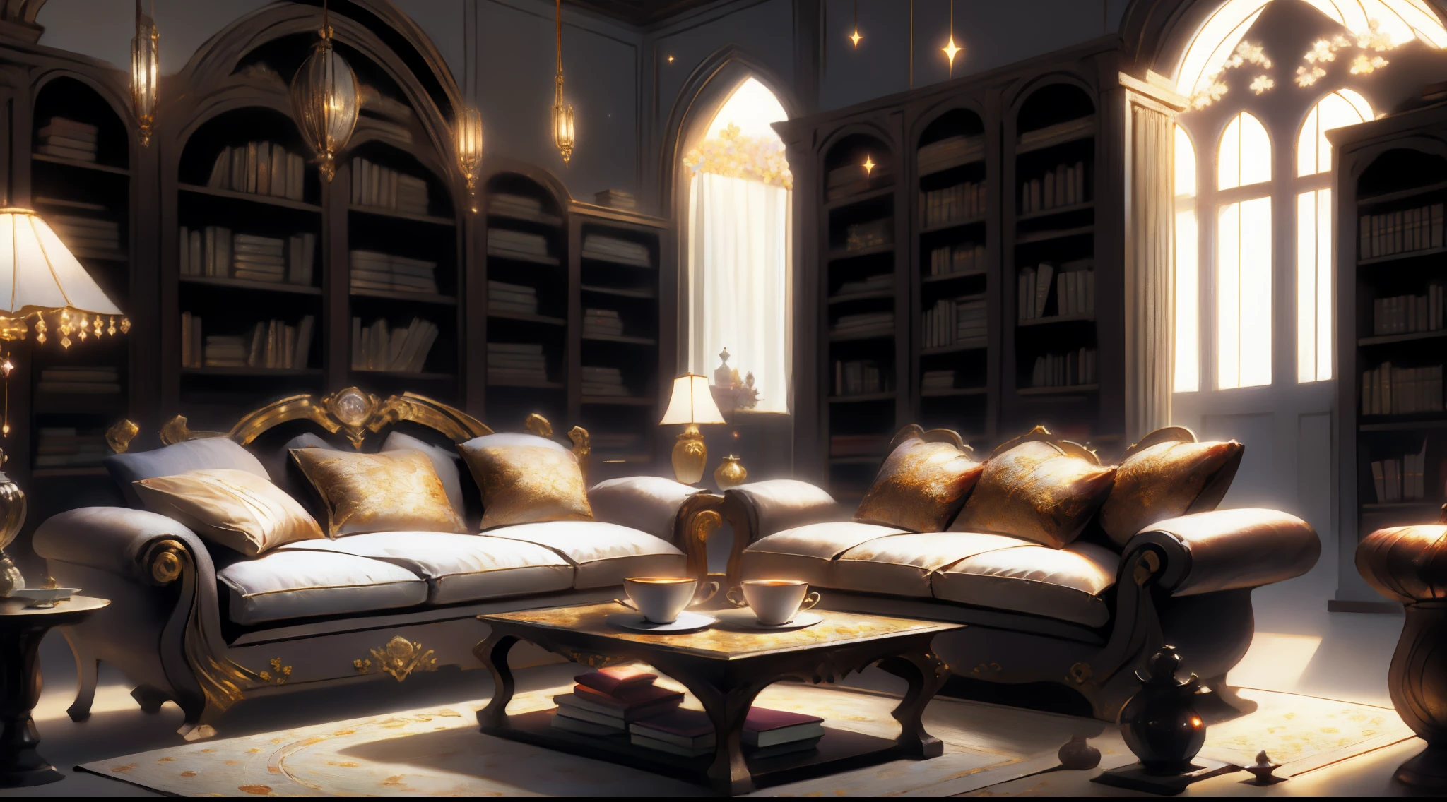 calm afternoon, and the sun was shining brightly,well-illuminated, water sparkling,Small particle effect, A small amount of the Tyndall effect, crystal lamp, European retro court,Retro, Cool color atmosphere,sculpted, Baroque style, RococoStyle, ,sofe,Soft throw pillows, coffee table, Cabinet with obvious viewing angles, A small number of starry skies, Smooth floor, hanging lights, Warm chairs, White chair, flower, Cold, Court style, A large sofa, tea party, Warm colors like a fairy tale, warm color, Made of crimson leather, Warm and calm,Book case,bookshelves,magia,magical,A lot of books,Study room,starrysky,Lots of bookshelves,A little fox,