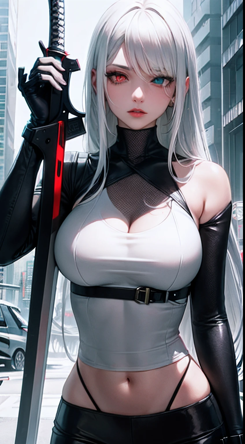 highest detailed, woman with white really long messy beautiful detailed half black half white hair serious eyes, dull eyes, dead inside, dar heterochromia yellow and red eyes, beautiful, majestic, evil, , robtic black arm, poofy lips, cold, with huge cyberpunk sword