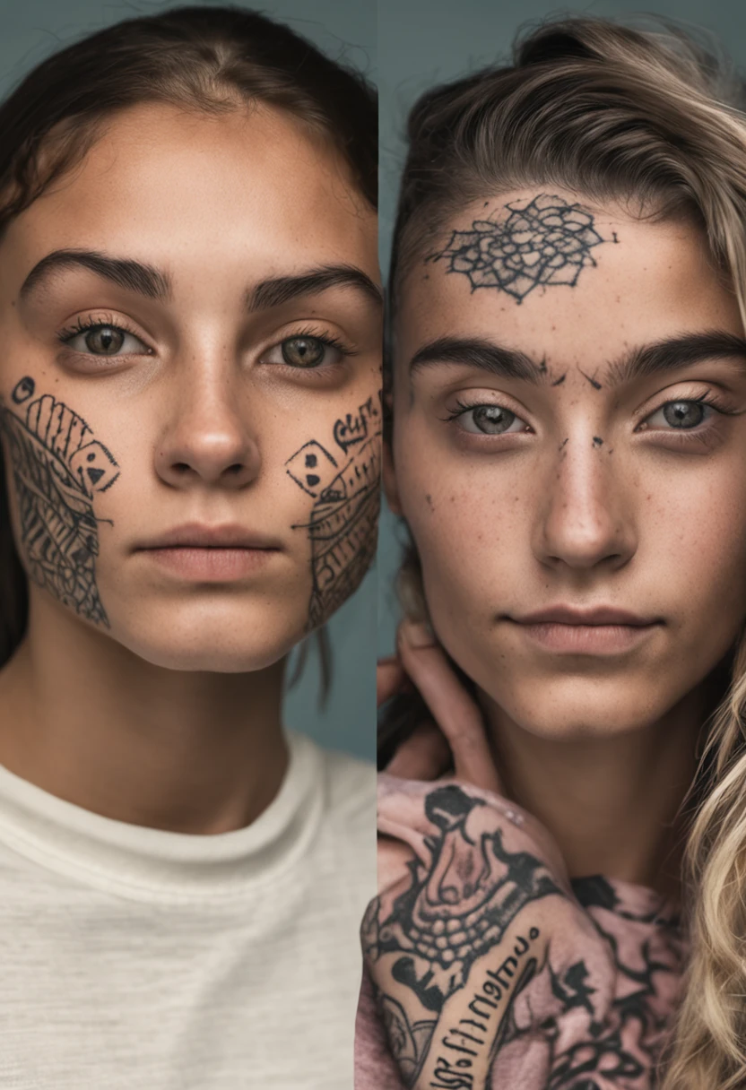 Two photos of a -yeld giwith a tattoo on her face and a 16-year-o giith gses, tatuagens no rosto, tatuagens faciais, tatuagem no rosto, com tatuagem facial, tatuagens, handsome symmetrical faces, neck tattoos, com tatuagens de runa no rosto, rostos extremamente afiados, detailed and symmetric faces, alta simetria facial, body modification, symmetrical facial features