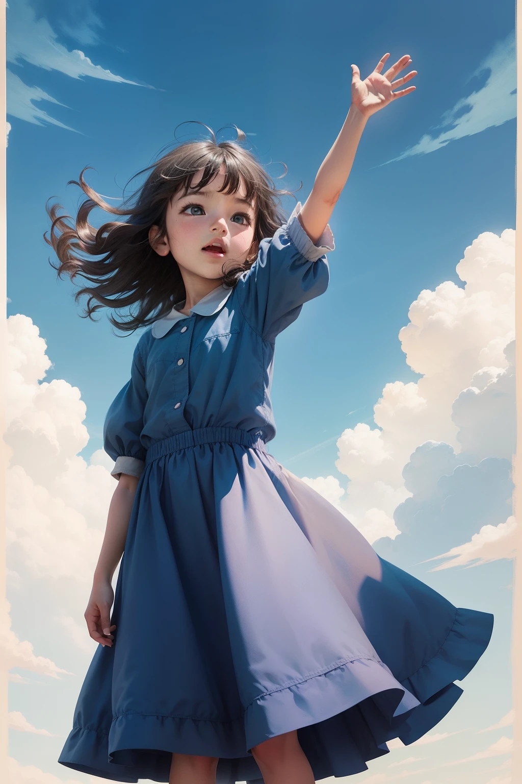 illustrations, children's books, children's books
A girl waves to the clouds in a fluffy blue sky.