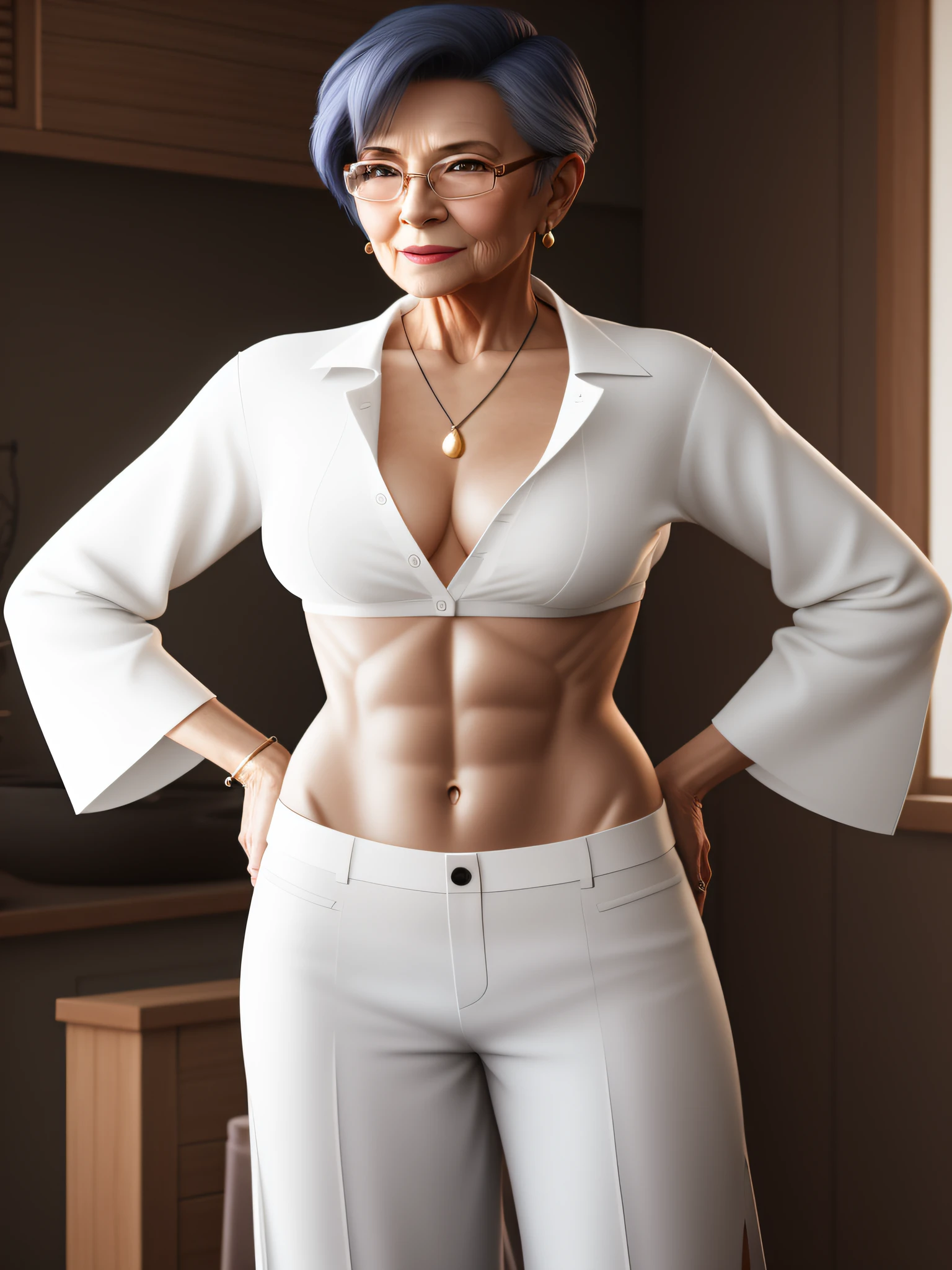 elderly older nerdy woman in a skimpy midriff-shirt and low-rise pants faces to you, 3 d render of a full female body, unbuttoned unglued succinct crop shirt , photorealistic older female body, bare belly, feminine and slender, severe woman, unbuttoned clothes. painting of sexy, enjoys her fresh flesh, realistic elderly female body