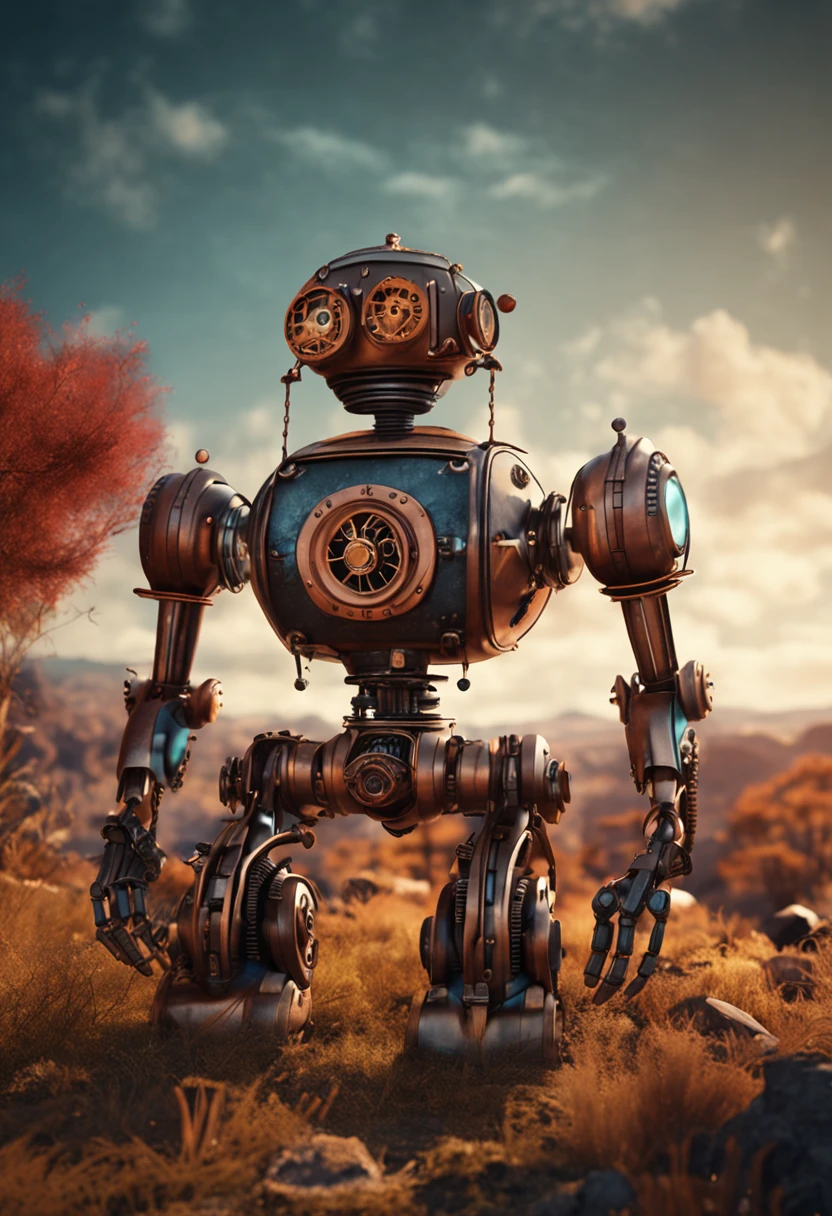 Steampunk robot in landscape at dawn