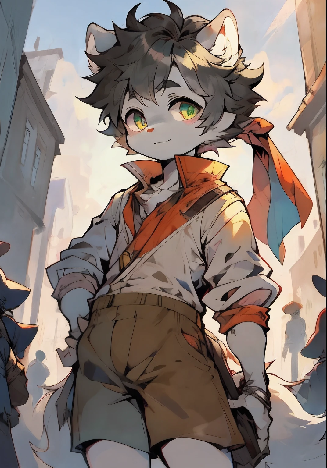 The streets of London at the beginning of the twentieth century,Cute little wolf,Libido boy,Slim figure,pale gray fur,Bright morning sun,Brown newsboy hat,white short blouse,brown shorts,Sell moe,Bright and smart eyes(A masterpiece)(high qulity)(Clear structure)(Clear lines)(Background of extreme detail)(extremelydetailedcharacter),Fluffy,male people,Shota