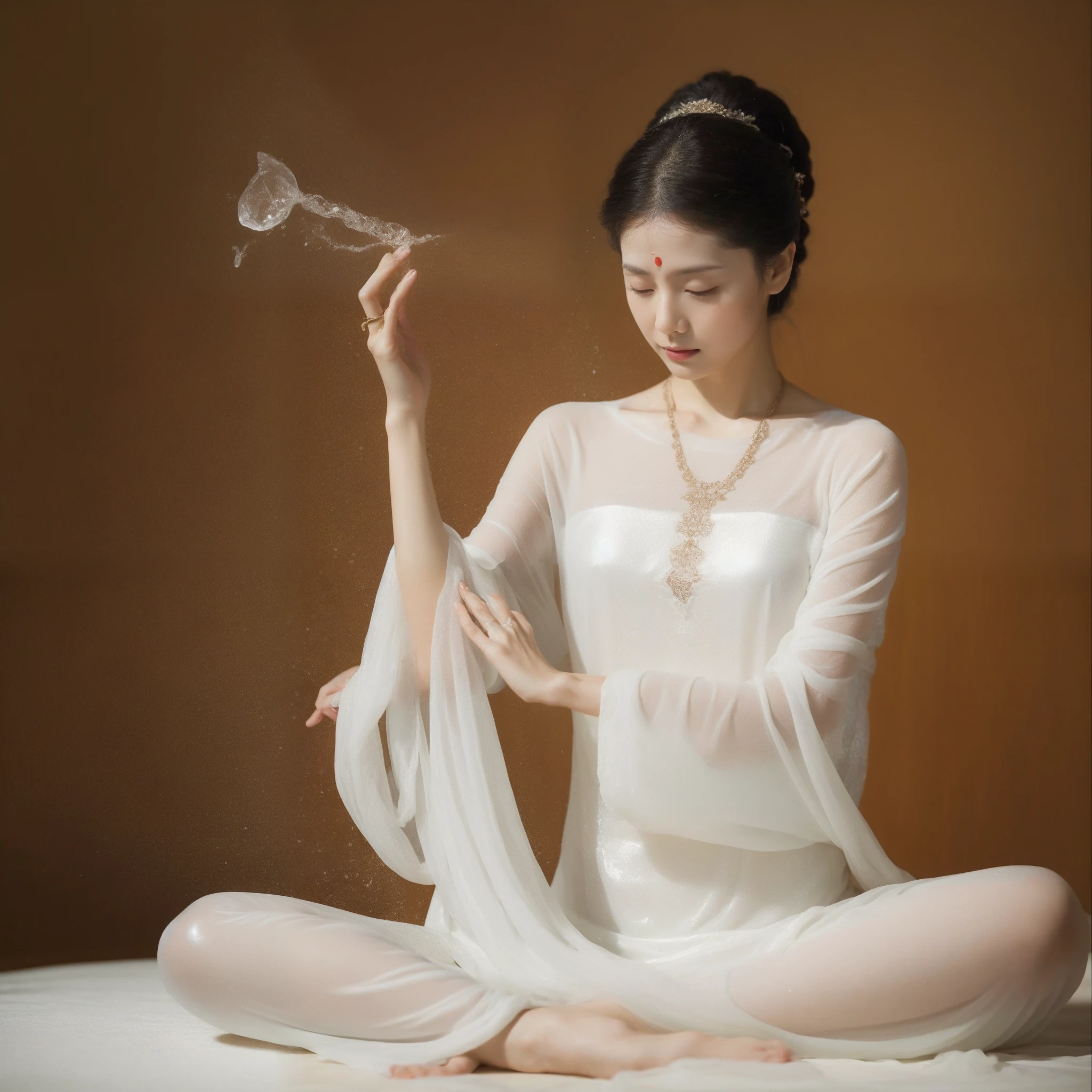 Soaked sexy Zen mother sitting in a slimy room meditating，（Yoga lotus sitting），（Complete，Delicate and good-looking face），（The whole body is soaked in milky white ）