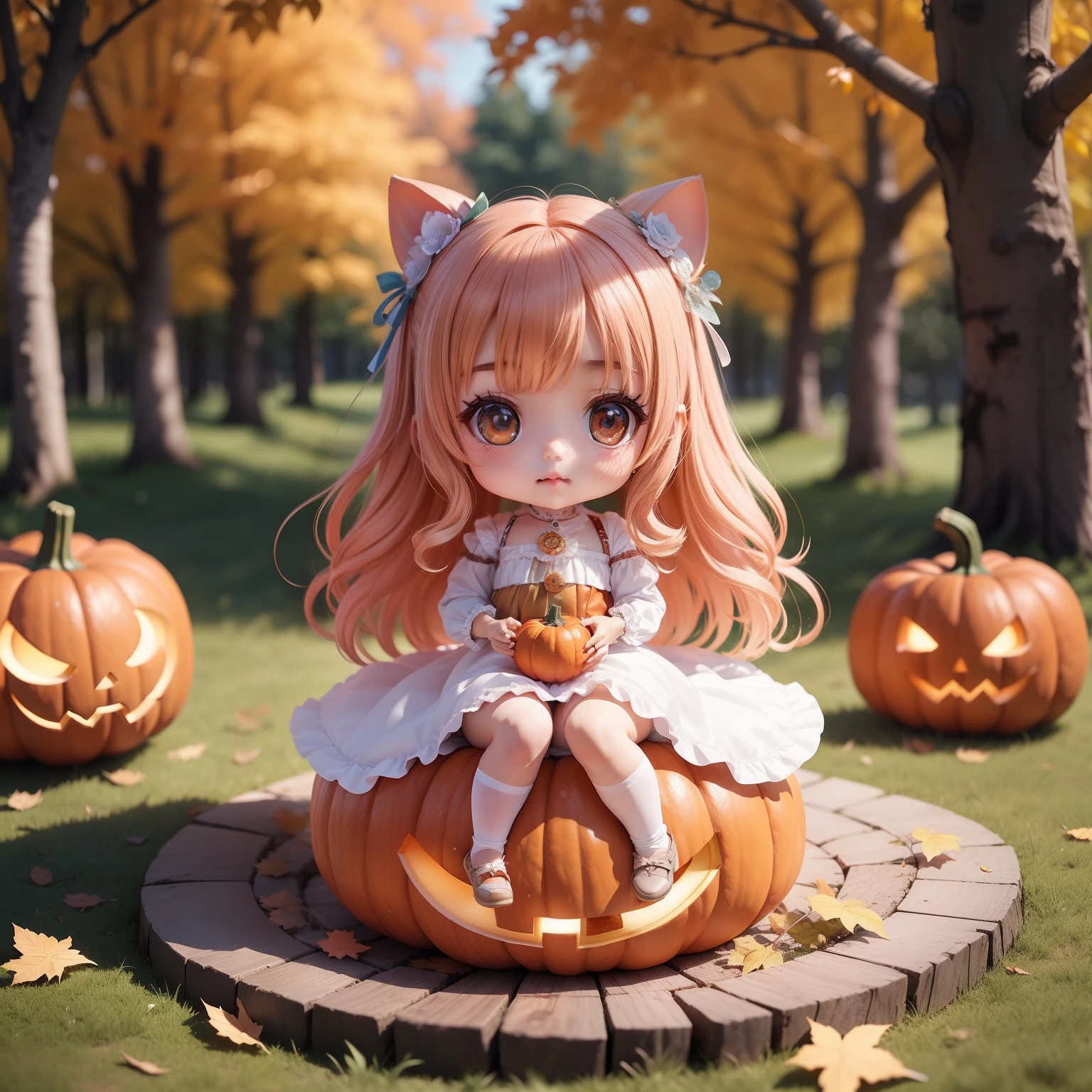 Cute Baby Chibi Anime,（（（Super masterpiece、top-quality、ultra-detailliert、女の子1人、Chibi：1.5））、Halloween Costumes、Sit on the pumpkin、Opens mouth and laughs、The background is in the forest of autumn fairy tales