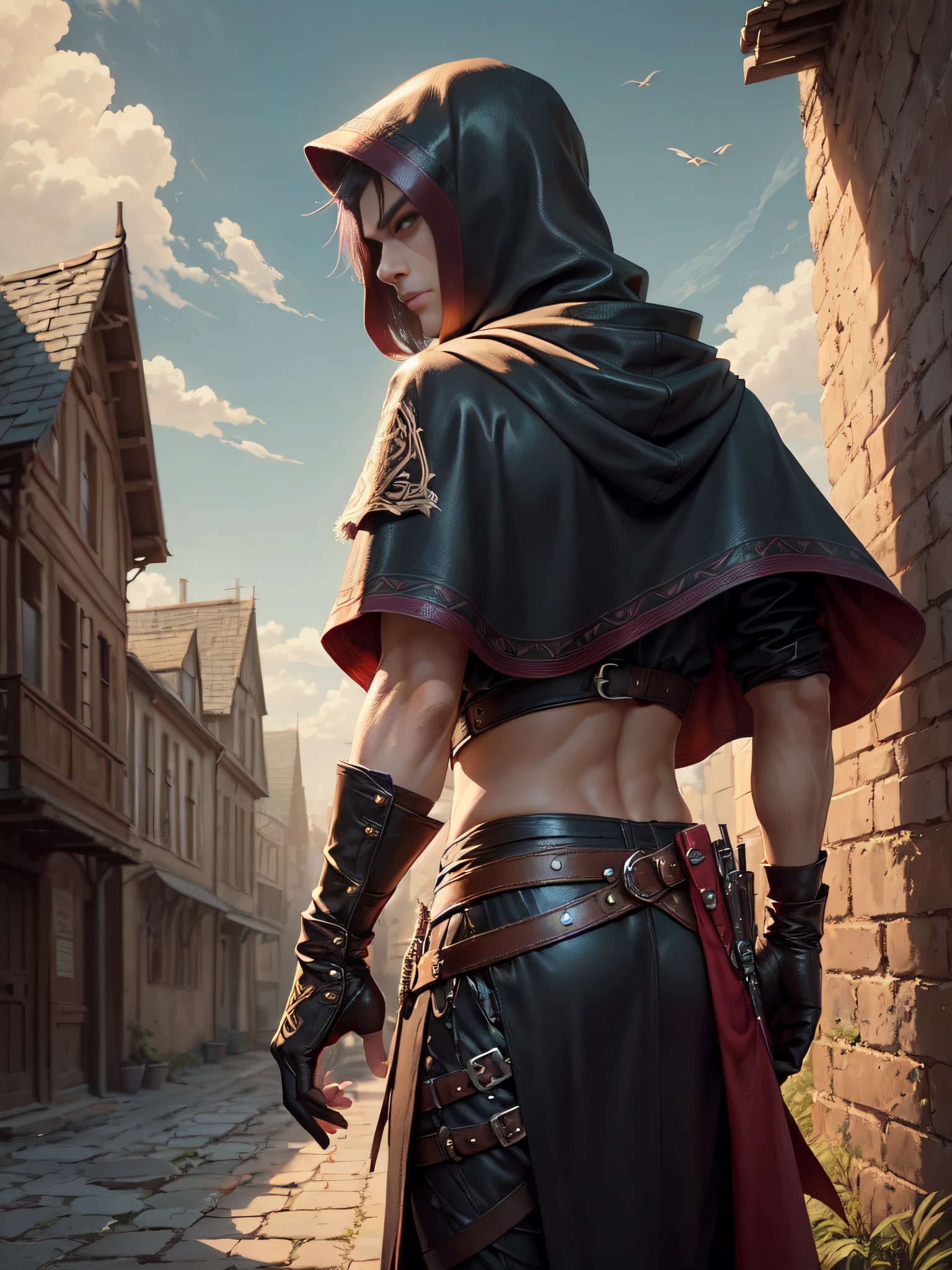 (superfine illustration, Best Quality, Ultra-detailed, Correct delineation, Perfect fingers, Perfect hands, Medieval fantasy illustration:1.5), (mysterious assassin belonging to a cult, Male Focus, Solo, unapproachable vibe:1.5), looking up to the sky, from below, back shot, (is wearing assassin costume, cloak:1.5), town as background, morning, too short hair, Purple hair, open forehead, leather gloves,