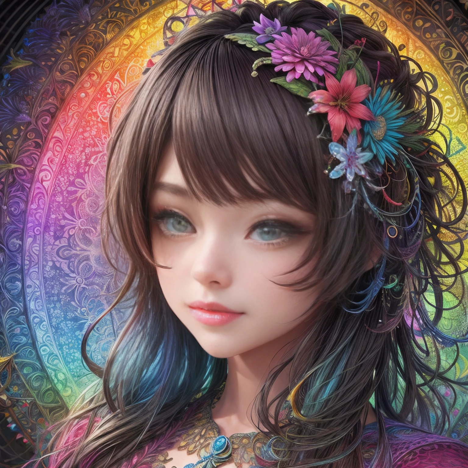 Rainbow Colors theme，paper art，masutepiece，3d rendered，ighly detailed, in autumn，1girll, closing eye，ssmile，cabelos preto e longos，lilies, (Zentangle:1.2), (Geometry:1.2)，cinematic lighting effect，4K, colourfull, profile