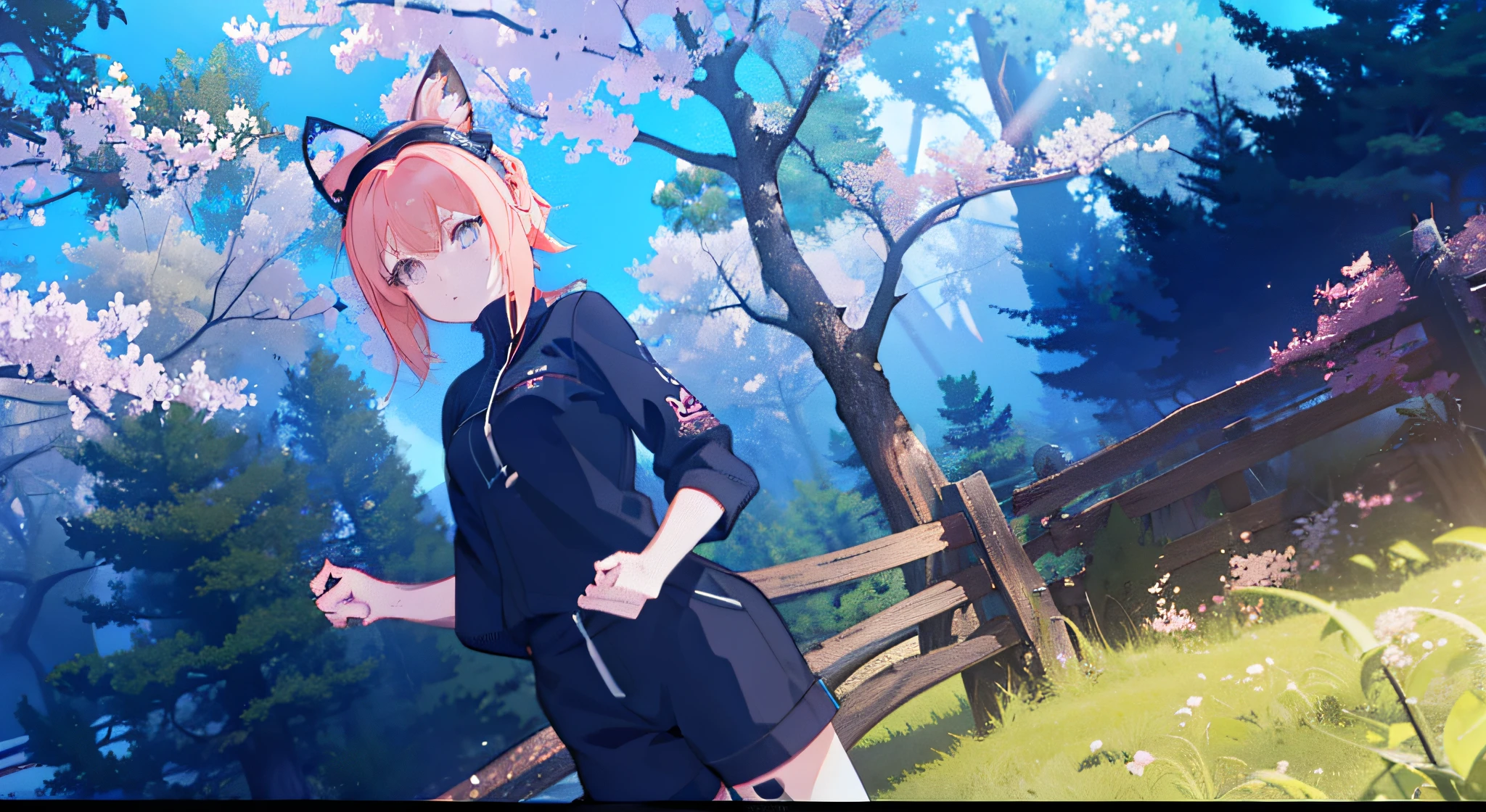 there is a woman in a black top and shorts standing in front of a tree, anime styled 3d, vrchat, anime style. 8k, hints of yayoi kasuma, inspired by INO, inspired by Ai-Mitsu, beautiful screenshot, render of a cute 3d anime girl, in a candy forest! at night, anime stylized