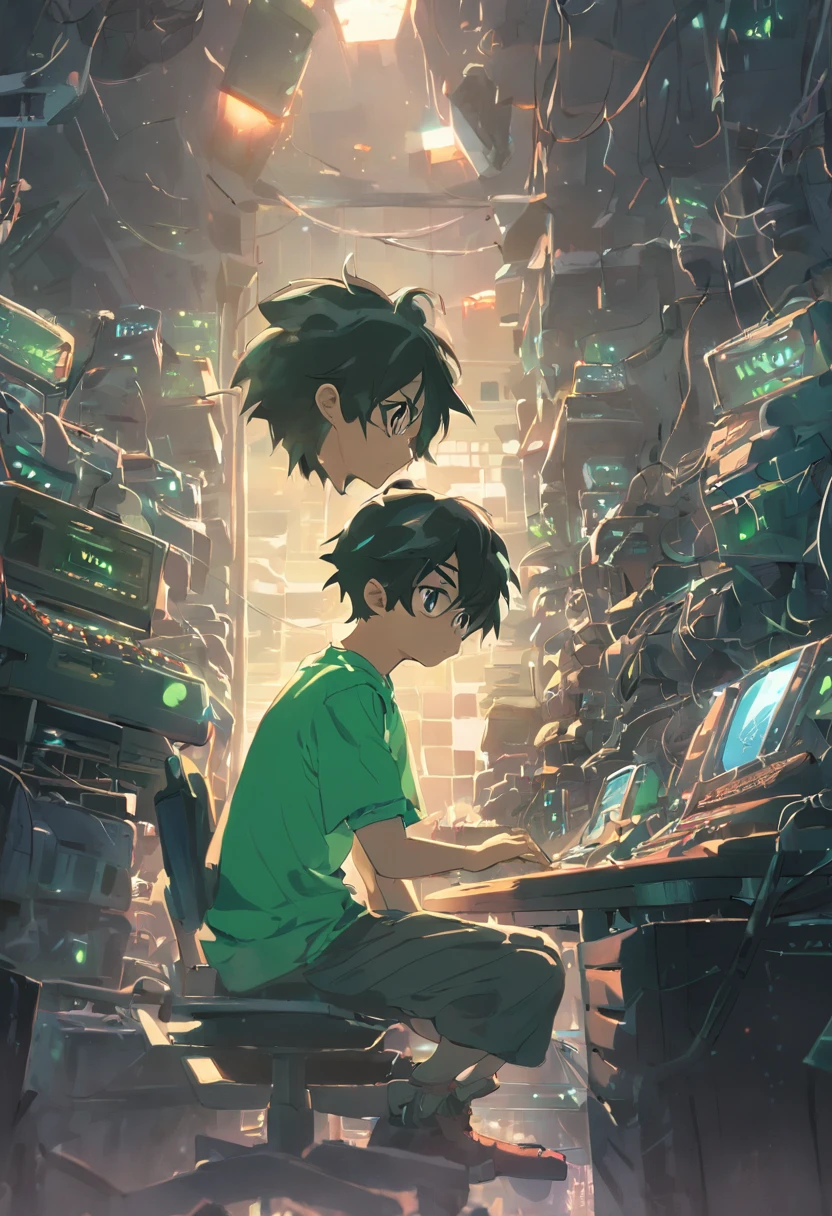 A nerdy ??? is programming on a computer in a room full of gadgets, Por Makoto Shinkai e Ghibli Studio, dramatic lighting, altamente detalhado, amazing quality, pele escura, Conical fading, sitting down, blue and green, handsome, with a coke