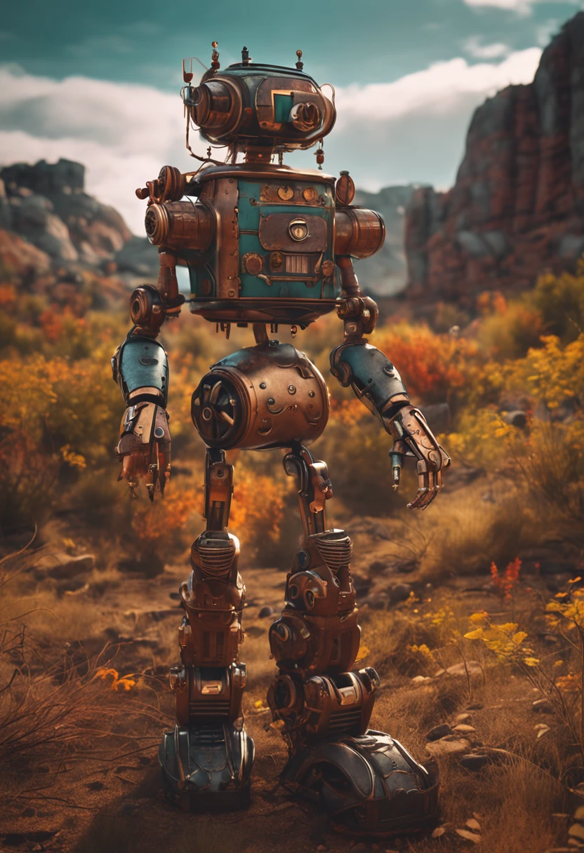 Steampunk robot girl lost in landscape at dawn