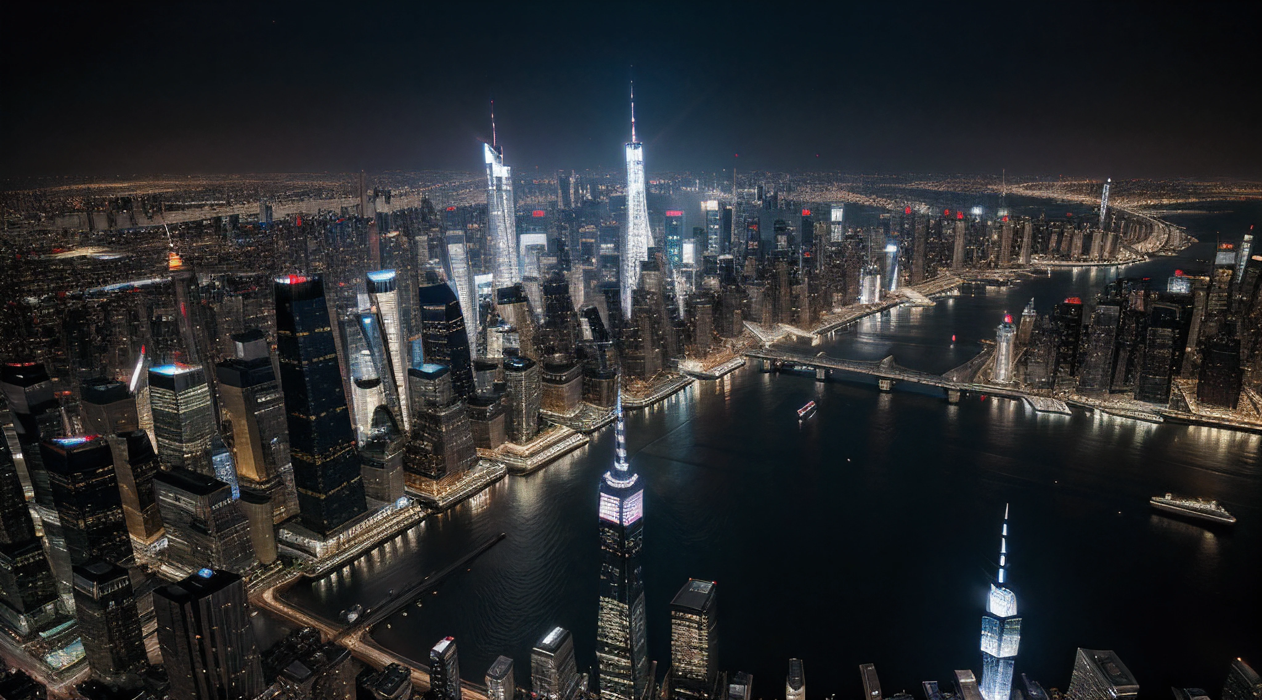 Futuristic Metropolis, flying through skyscrapers, 500 storey buildings, arcologies, megastructures, skybridges between all buildings, city stretches to the horizon, New York City from The Fifth Element, Tokyo from Akira, high quality, extremely detailed, high altitude, cinematic, photograph