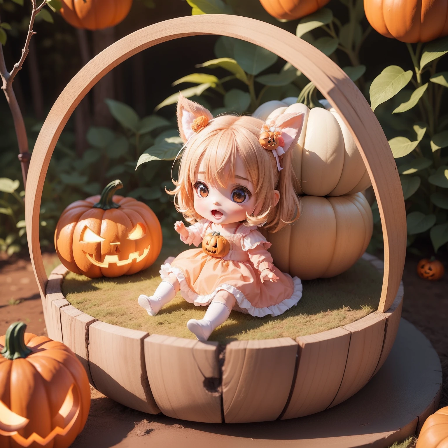 Cute Baby Chibi Anime,（（（Super masterpiece、top-quality、ultra-detailliert、女の子1人、Chibi：1.5））、Halloween Costumes、Sit on the pumpkin、Opens mouth and laughs、The background is in a fairytale forest in autumn