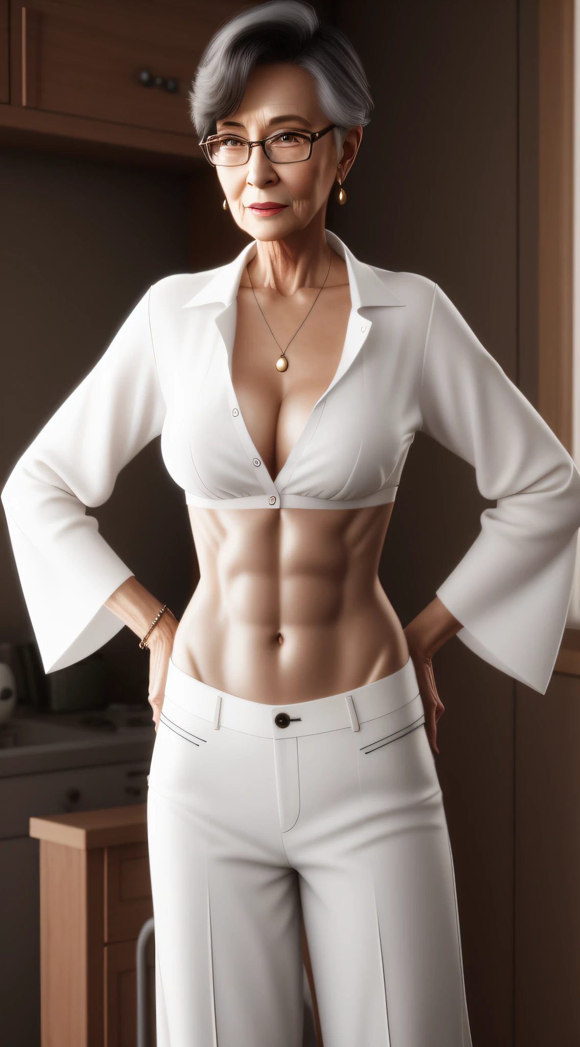 elderly older nerdy woman in a skimpy midriff-shirt and low-rise pants faces to you, 3 d render of a full female body, unbuttoned unglued succinct crop shirt , photorealistic older female body, bare belly, feminine and slender, severe woman, unbuttoned clothes. painting of sexy, enjoys her fresh flesh, realistic elderly female body
