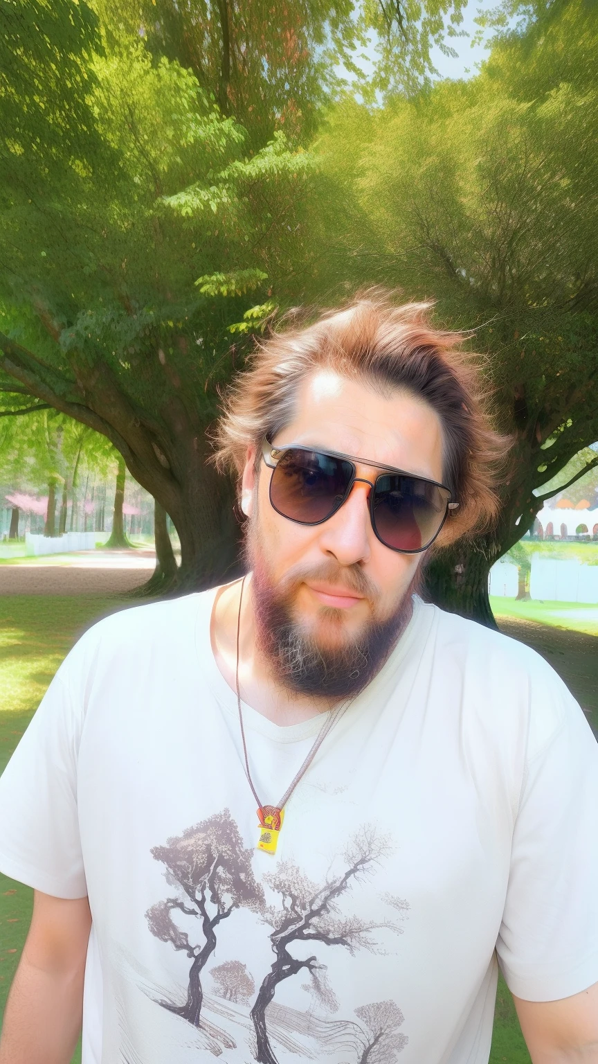 there is a man with a beard and sunglasses standing in front of a tree, enes dirig, very very low quality picture, twitch streamer / gamer ludwig, nft portrait, in a park, hideki anno, profile picture 1024px, msxotto, in front of a forest background, artur bordello, neckbeard, hideaki anno