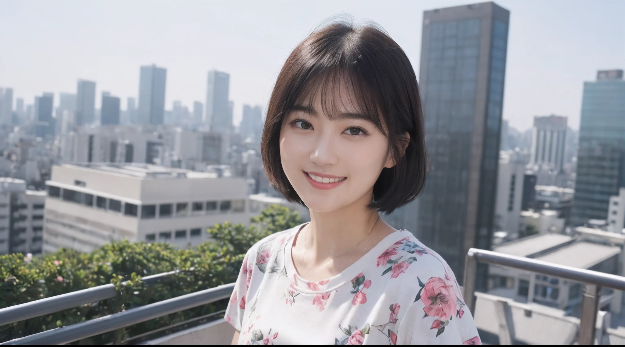 (8K、top-quality、​masterpiece:1.2)、(realisitic、Photorealsitic:1.37)、ultra-detailliert、((Beautuful Women))、((Floral T-shirt))、JINS、looking at the viewers、On the roof of a building、(Breast)、((Black shorthair))、tokyo streets、((A smile))