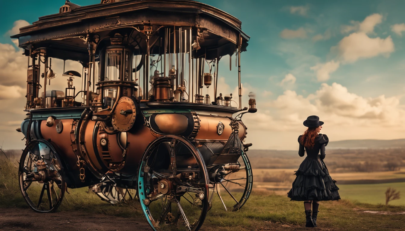 menina steampunk perdida em paisagem ao amanhecer