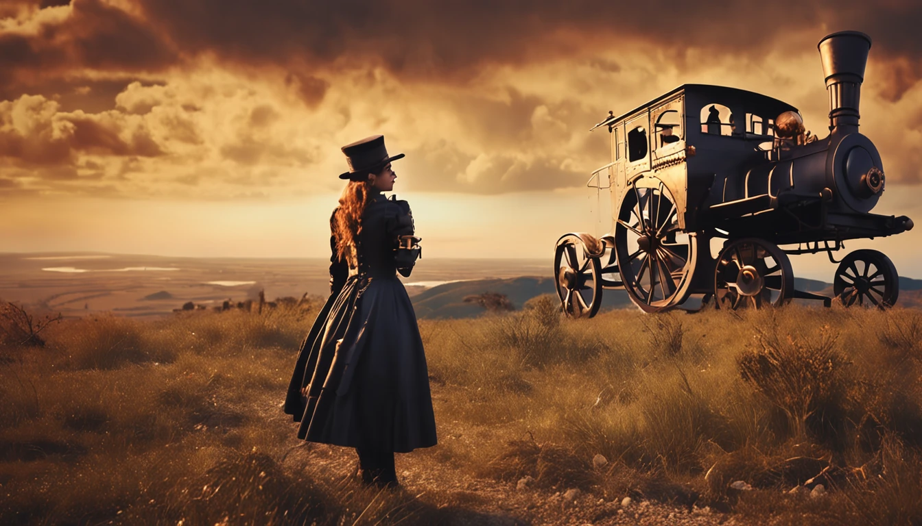 menina steampunk perdida em paisagem ao amanhecer