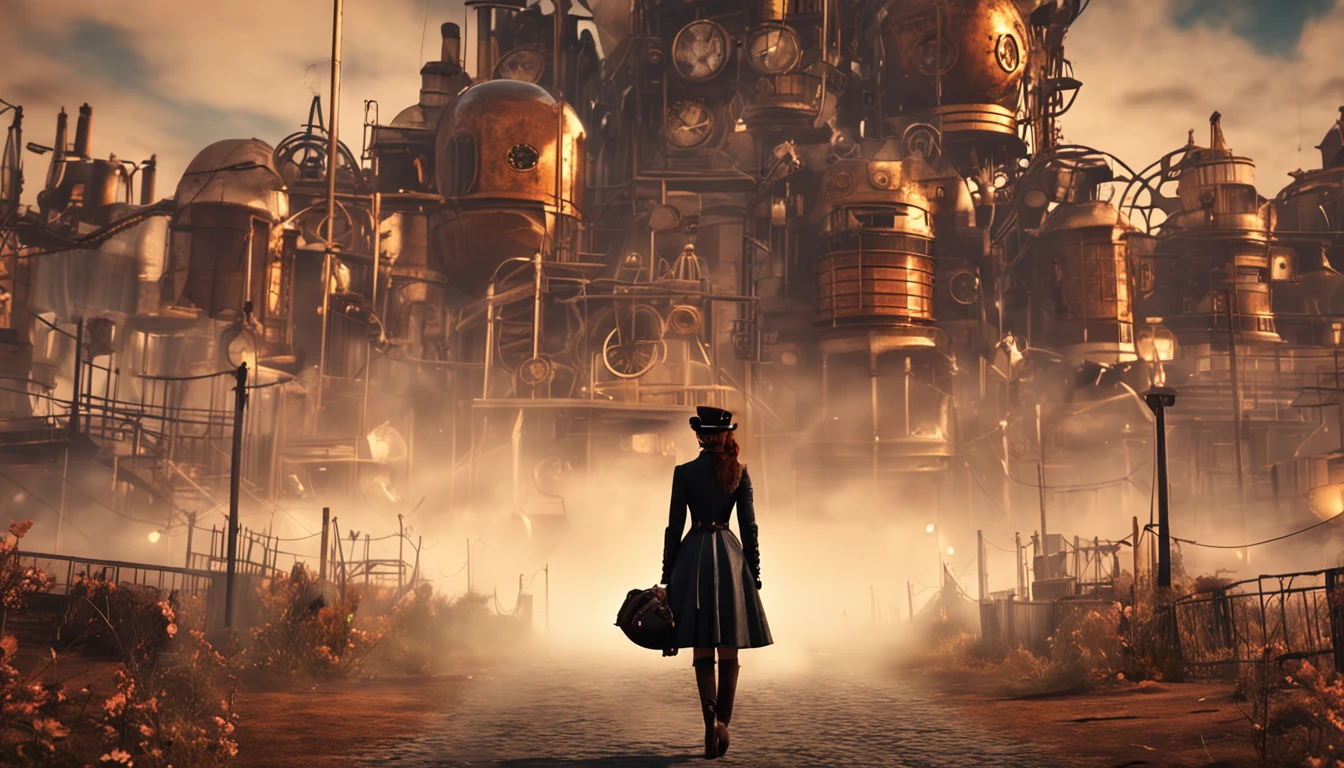 steampunk perdida em paisagem ao amanhecer