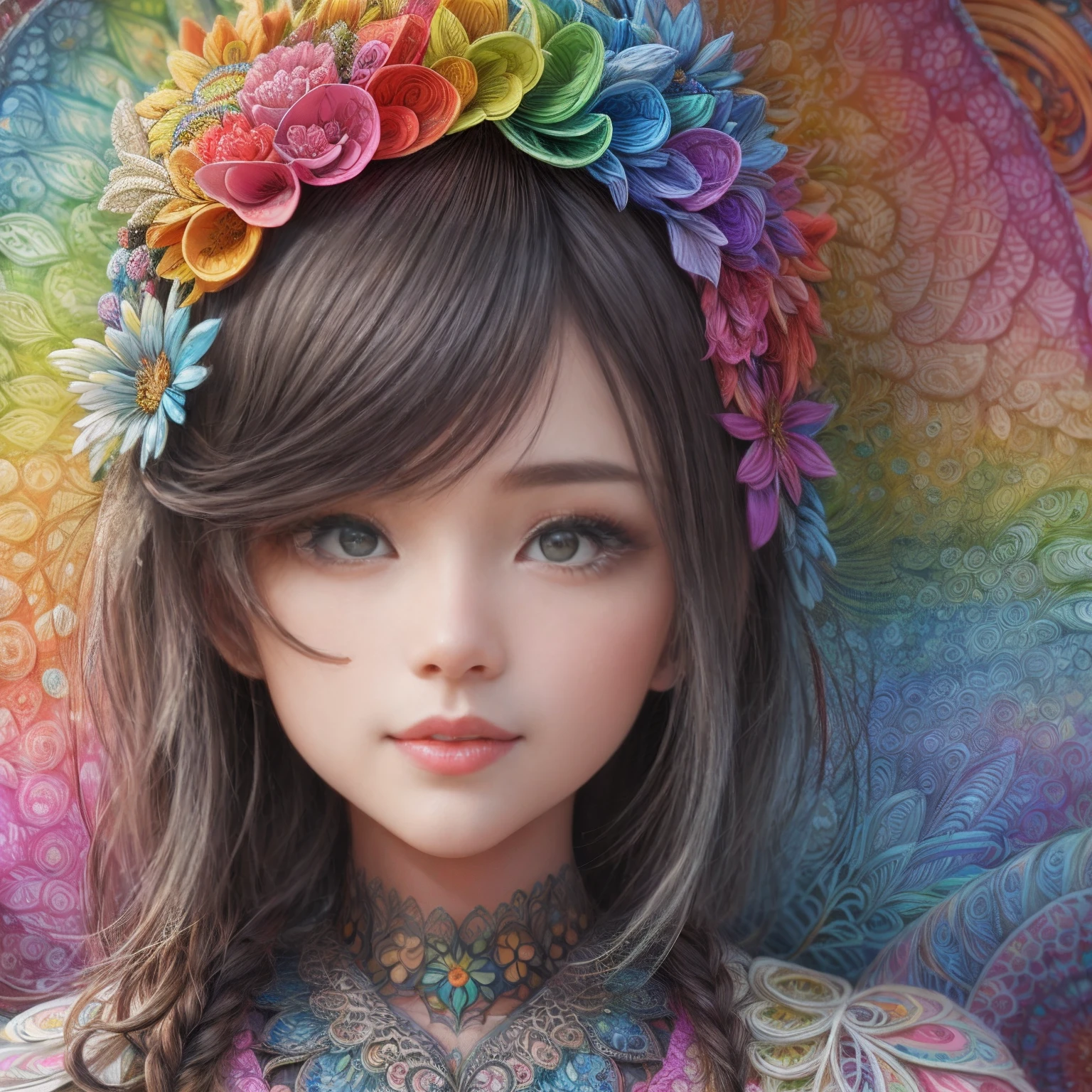 Rainbow Colors theme,paper art,masutepiece,3d rendered,ighly detailed, in autumn,1girll, closing eye,ssmile,cabelos preto e longos,lilies, (Zentangle:1.2), (Geometry:1.2),cinematic lighting effect,4K, colourfull, profile