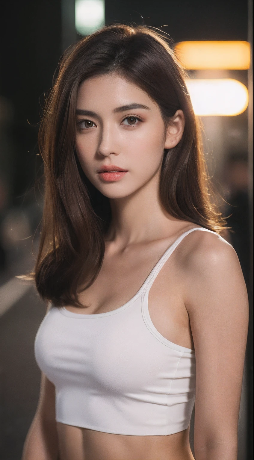 ((Realistic lighting, Best quality, 8K, Masterpiece: 1.3)), Clear focus: 1.2, 1girl, Perfect Figure: 1.4, Slim Abs: 1.1, ((Dark brown hair)), (White crop top: 1.4), (Outdoor, Night: 1.1), City streets, Super fine face, Fine eyes, Double eyelids,