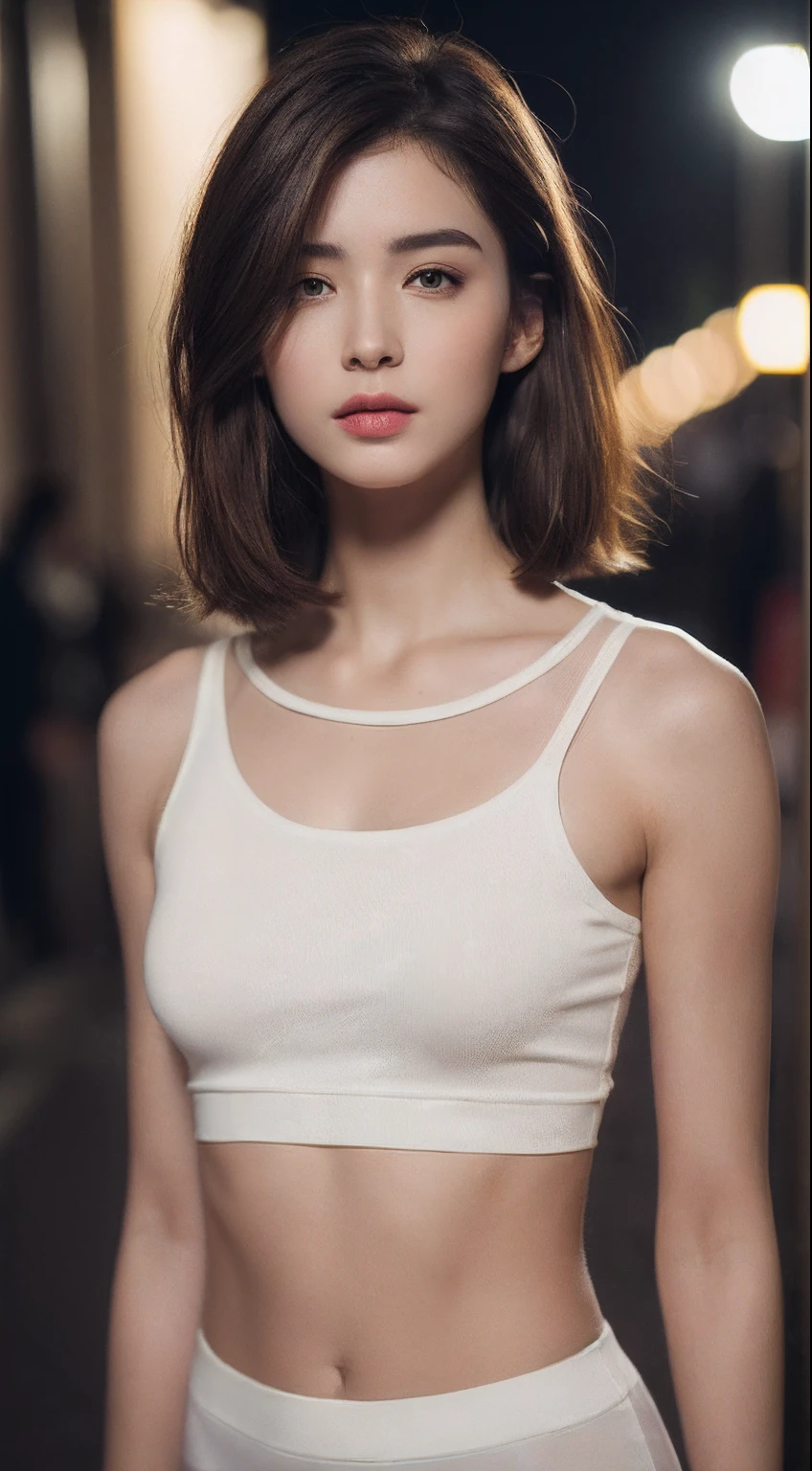 ((Realistic lighting, Best quality, 8K, Masterpiece: 1.3)), Clear focus: 1.2, 1girl, Perfect Figure: 1.4, Slim Abs: 1.1, ((Dark brown hair)), (White crop top: 1.4), (Outdoor, Night: 1.1), City streets, Super fine face, Fine eyes, Double eyelids,