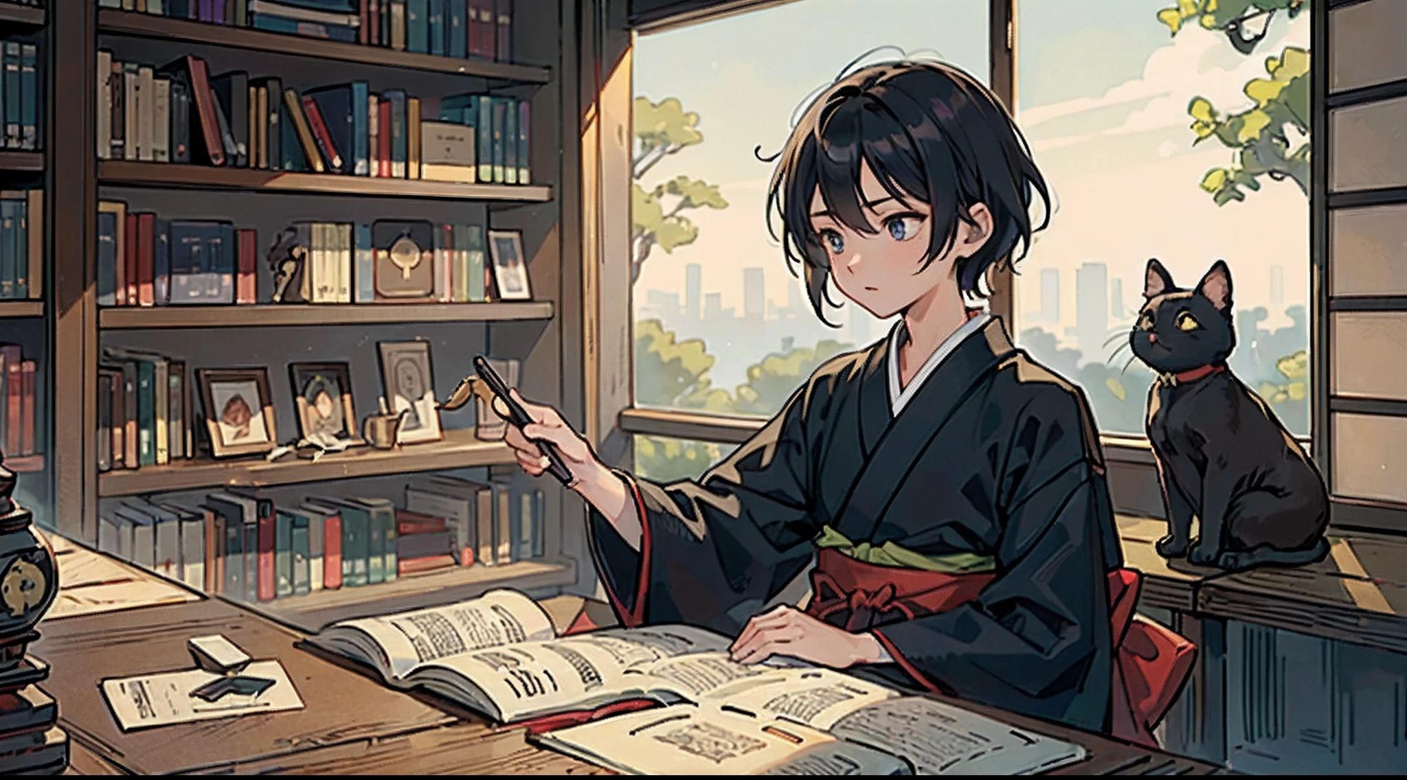 #Quality (intricate-detail、ultra-detailliert:1.2,Masterpiece,cinematic shot),
#night sky (darkness of night,no light),
#one writing boy ( male、writer,Honor Students、A dark-haired、short-hair、hakama,sit flat),
#black room at night (no light,black cat,books on desk,one candle,pretty tatami,a lot of books,bookshelf)