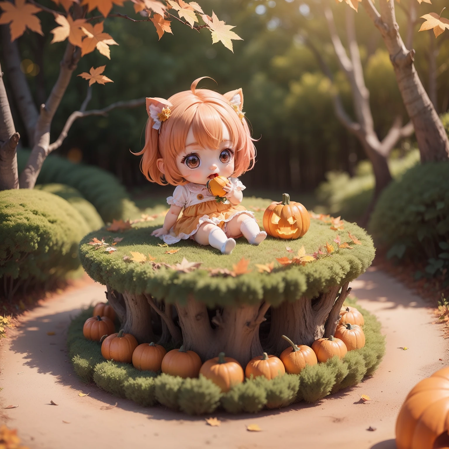 Cute Chibi Anime,(((Super masterpiece、top-quality、ultra-detailliert、女の子1人、Chibi:1.5))、Halloween Costumes、Sit on the pumpkin、Opens mouth and laughs、The background is in the forest of autumn fairy tales