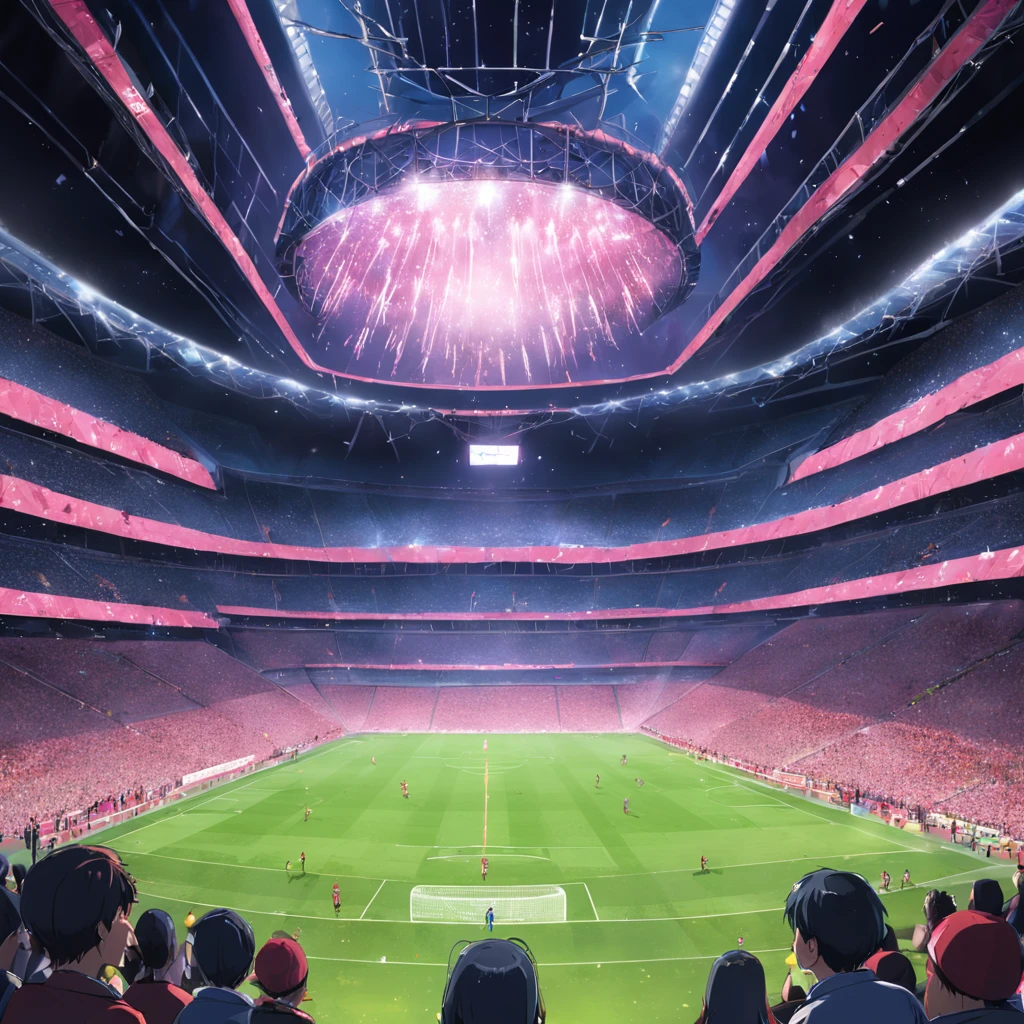 (((quatro jogadores habilidosos para o futebol))), A thrilling football game in a stadium full of spectators and spotlights, Passionate crowd, dazzling stadium spotlights, momento espetacular e eletrizante, atmosfera vibrante