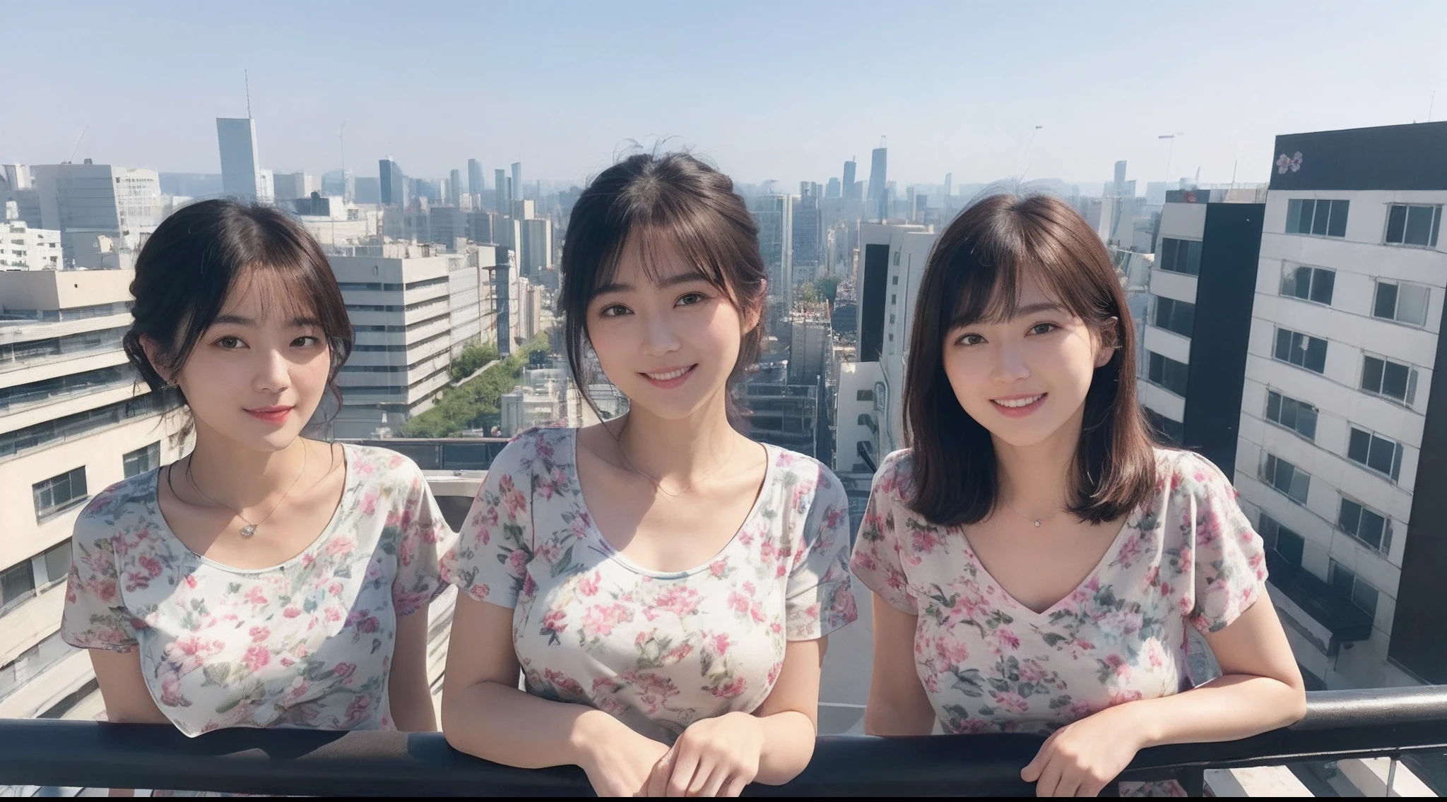 (8K、top-quality、masterpiece:1.2)、(realisitic、Photorealsitic:1.37)、ultra-detailliert、((Beautuful Women))、((Floral T-shirt))、JINS、looking at the viewers、On the roof of a building、(Breast)、((Black shorthair))、tokyo streets、((A smile))