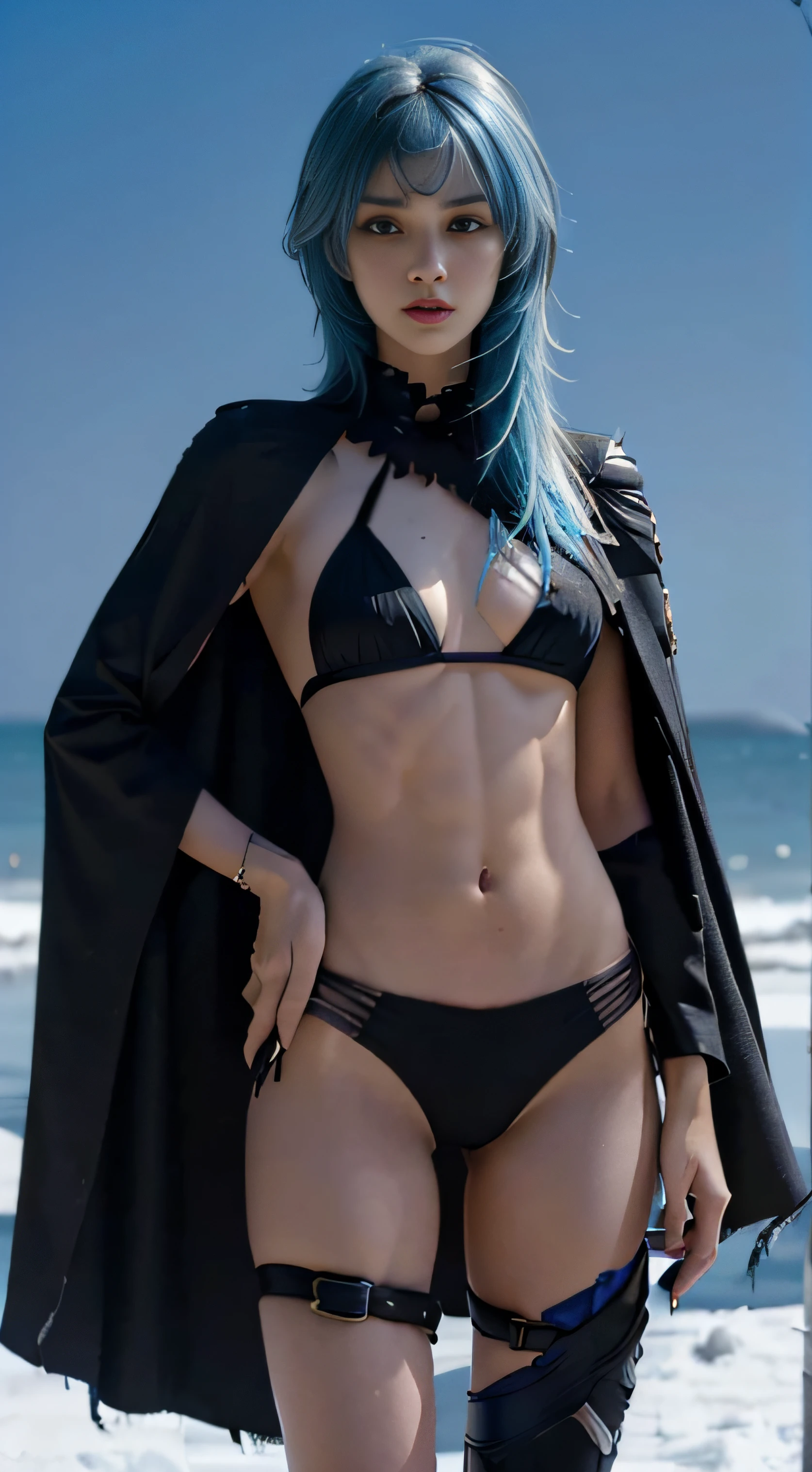 8K, Top Quality, Intricate Details, Ultra Detail, Ultra High Resolution, Masterpiece, full body, 1girl, solo, 1 girl, ((random angle)), ((small and beautiful hard nipple)), feminine and sexy posture, ((tall girl, skinny, slim, tall skinny)), (((fit body))), (((slim face))), sharp face, sharp eyes, (((skyblue hair, long hair, bangs)) small lips, long hair, ((ripped black bikini battlesui, torn black bikini battlesuit, torn blue cape)) , detailed face, detailed breast, Beautiful girl with accentuated slender abs: 1.4, Six Pack Abs: 1.4, Bust Botox, Big, Perfect Body, detail leg, in the snow, night sky