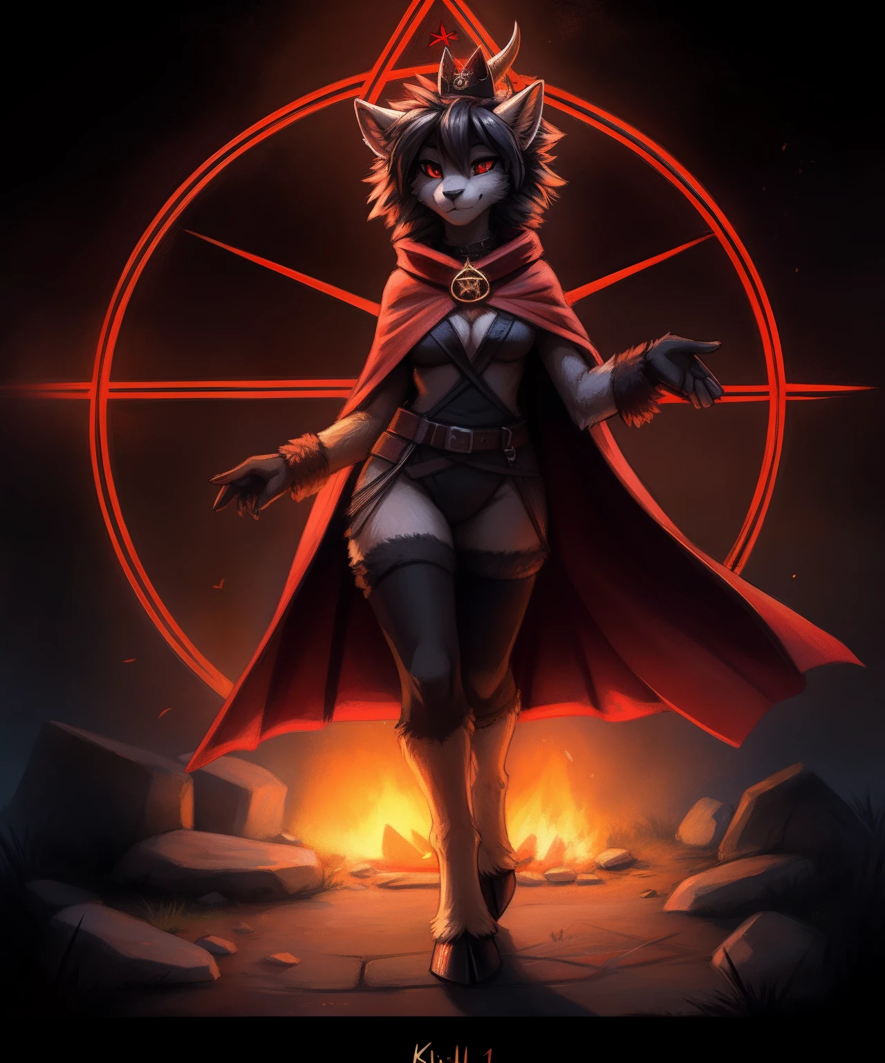 by fluff-kevlar, Author: zackary911, Author: kenket, by Kilinah, by fluff-kevlar, The Cult of the Lamb, Fluffy female anthropate, Sheep Girl, Black fur, hooves, 独奏, (Body fur:1.2), (Best Quality), red cape, (Red Crown:1.1), neckbell, red eyes, (Dark pentagram background:1.2), detailed fluffy fur, Octane Render, Horns, ,  female body, Forest at night, Blade in hands, Fights