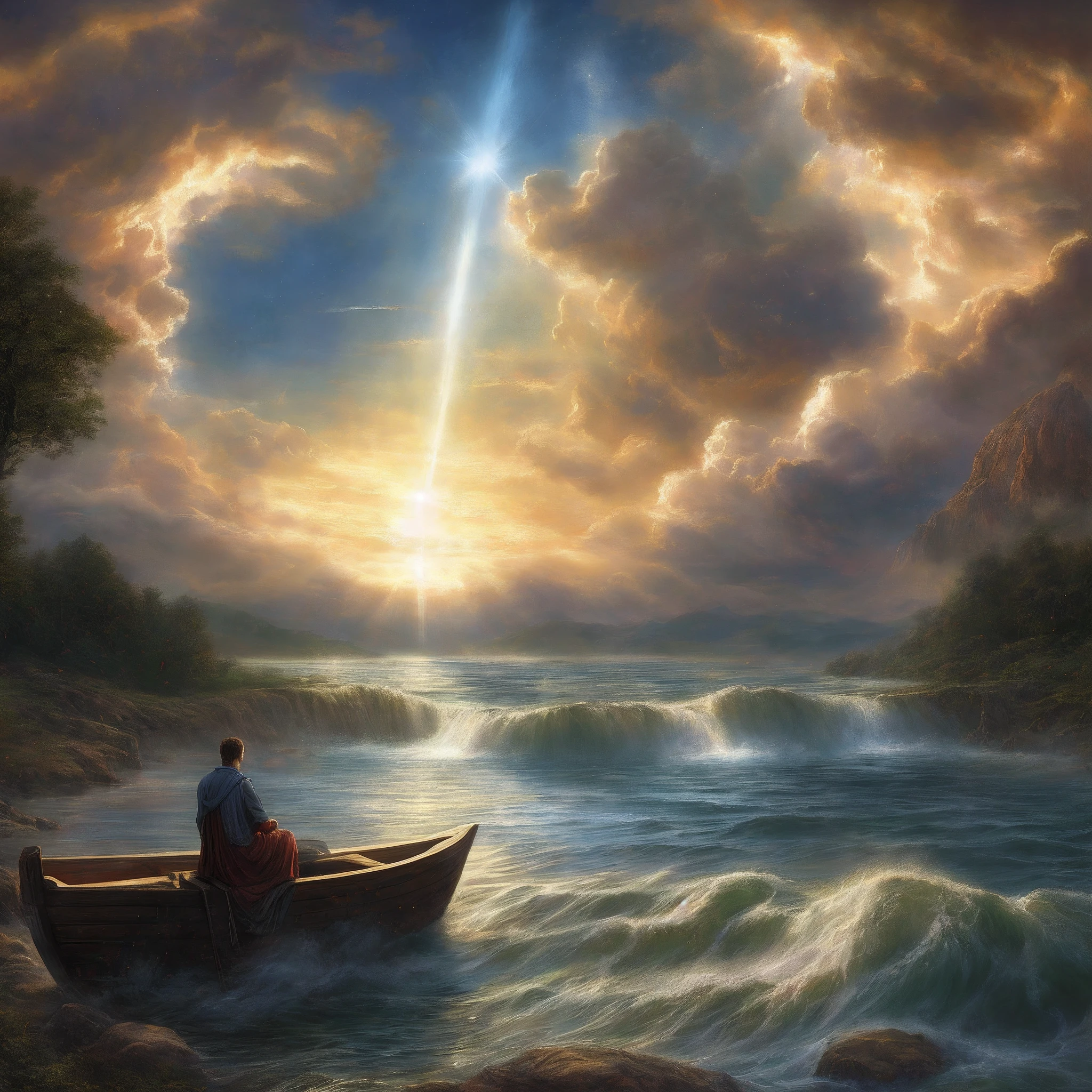 ⁶ And God said:
  — Let there be a firmament in the midst of the waters and separation between waters and waters.
⁷ And God made the firmament and the separation between the waters under the firmament and the waters above the firmament. E assim aconteceu.
⁸ And God called to the firmament "heavens". There was afternoon and morning, o segundo dia. 

Genesis 1:6-8, pintura de um homem sentado em um barco em um lago, inspirado em Christophe Vacher, Inspirado em Mark Keathley, Directed by: Christophe Vacher, por Johfra Bosschart, beautiful image ever created, deus raios solares, inspirado em Johfra Bosschart, luz celestial, por Jason A. Engle, Directed by: Alexander Kucharsky, raios do deus do luar