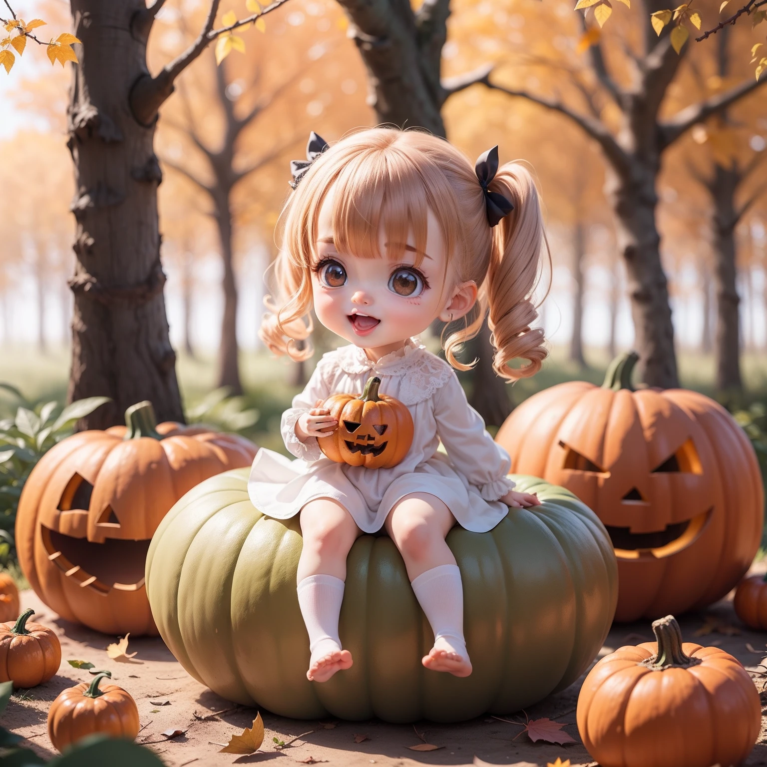Cute Chibi Anime,(((Super masterpiece、top-quality、ultra-detailliert、女の子1人、Chibi:1.5))、Halloween Costumes、Sit on the pumpkin、Opens mouth and laughs、The background is in the forest of autumn fairy tales