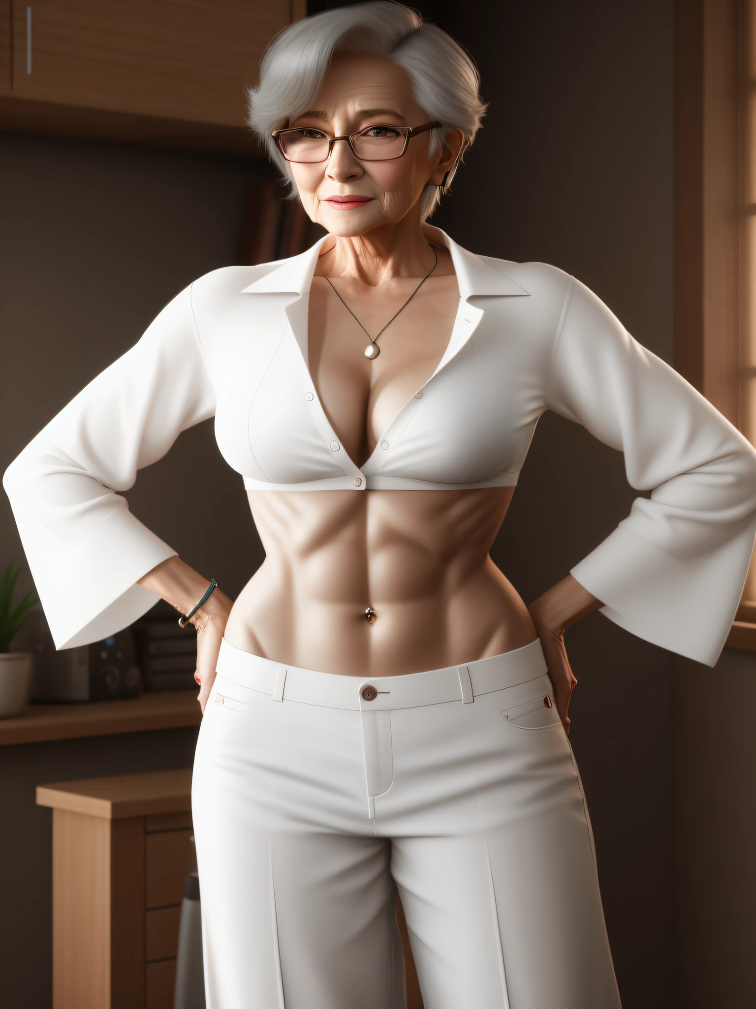 elderly older nerdy woman in a skimpy midriff-shirt and low-rise pants faces to you, 3 d render of a full female body, unbuttoned unglued succinct crop shirt , photorealistic older female normal body, bare belly, feminine and brazen, severe woman, unbuttoned clothes. painting of sexy, enjoys her fresh flesh, realistic elderly female normal body