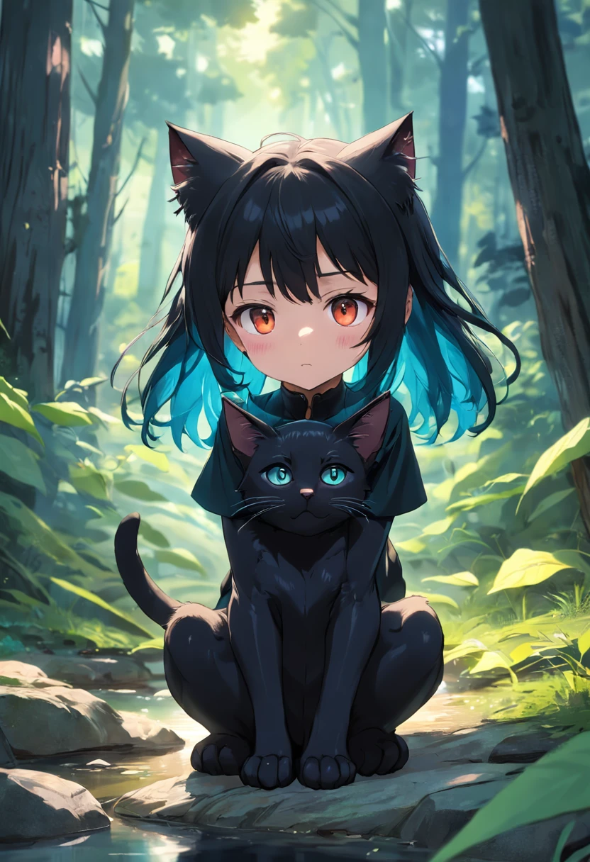 A small black kitten, lamiendose la pata sentado en ultra deficion y ultra alta resolucion en el bosque