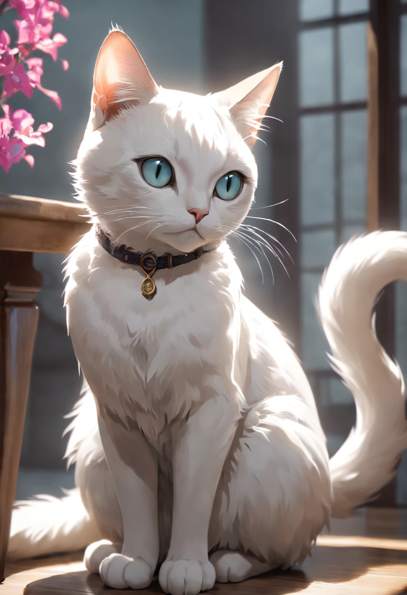 Generate an ultra-high-definition image by capturing a White cat in a chic, classic cat pose. Use advanced macro photography techniques to highlight the intricate details of the cat's coat, bigote, y ojos expresivos. Place the camera at the cat's eye level, creating an intimate connection between the viewer and the feline subject. Implemente una apertura amplia para lograr una profundidad de campo reducida, Allow the cat to stand out sharply against a gently blurred background. Improve lighting to emphasize the textures and contours of the cat's body, Uso de Soft, Diffused lighting to remove hard shadows and create a soft, Ambiente acogedor. Capture the cat in a relaxed but balanced position, mostrando su flexibilidad y elegancia. Experimenta con la captura del momento durante el movimiento natural, como estiramientos o aseo, to convey a sense of authenticity. Implement post-processing techniques to refine image clarity, contraste, y balance de color, asegurando que cada aspecto, desde los intrincados patrones del gato hasta su intensa mirada, se renderiza con un detalle impresionante. Finalmente, transmitir la serena belleza y la gracia innata del gato, Capture a fleeting moment that celebrates the unique essence of feline curiosity and poise.