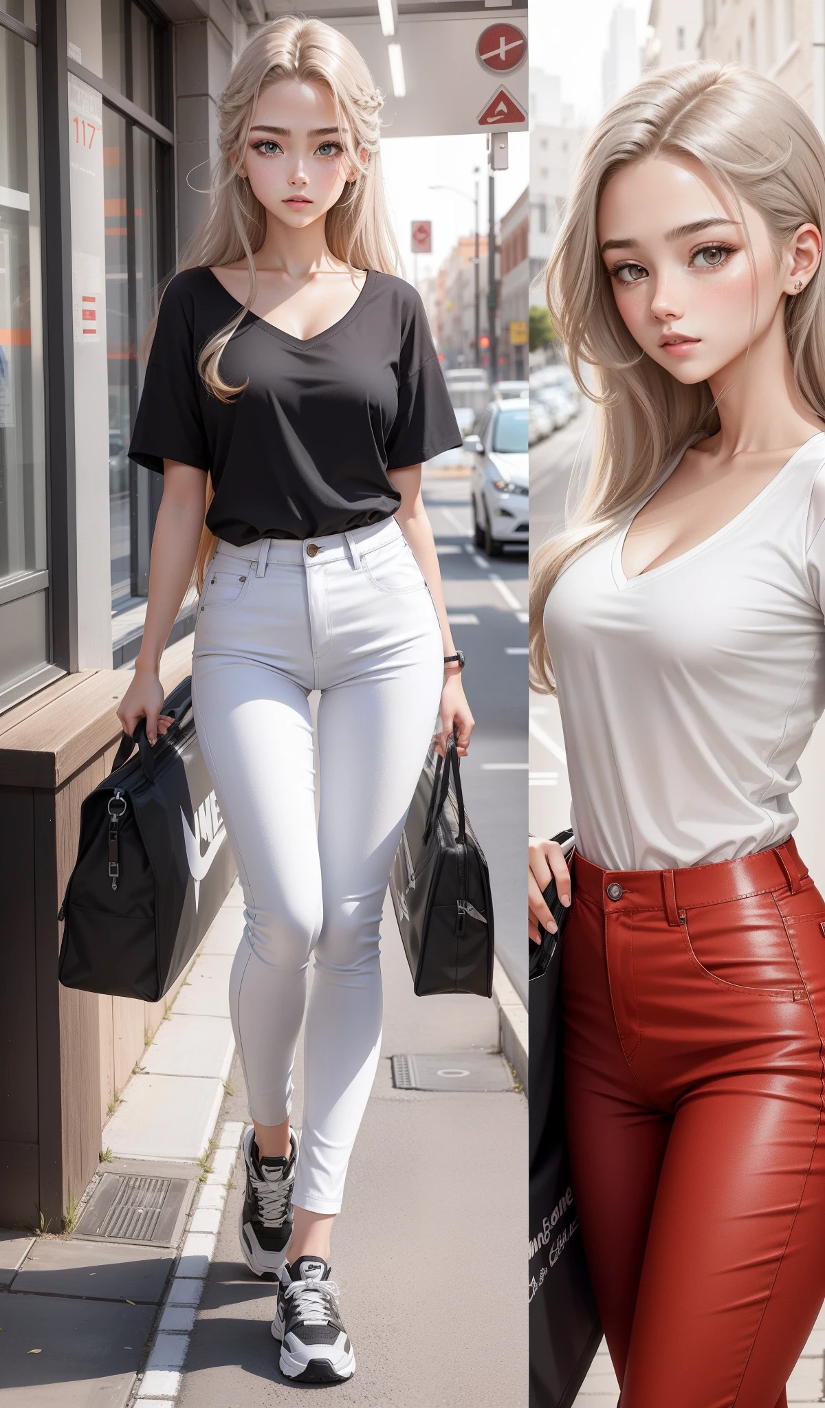 a woman in a white shirt and red pants is playing video game, simple style, wearing elegant casual clothes, muted red, simple clothes, milk and red style, casual clothing style, modern fashion outfit, wearing a fisher , casual modern clothing, inspo, red clothes, red pants, neutral tones, rred and white color scheme, casual business outfit, cute face, nike shoes, , adult face, long hair, wavy hair ((brownish black hair colour )) and gleaming detailed grey coloured eyes, slim frame, small breasts, long legs, curvaceous figure, sharp features,