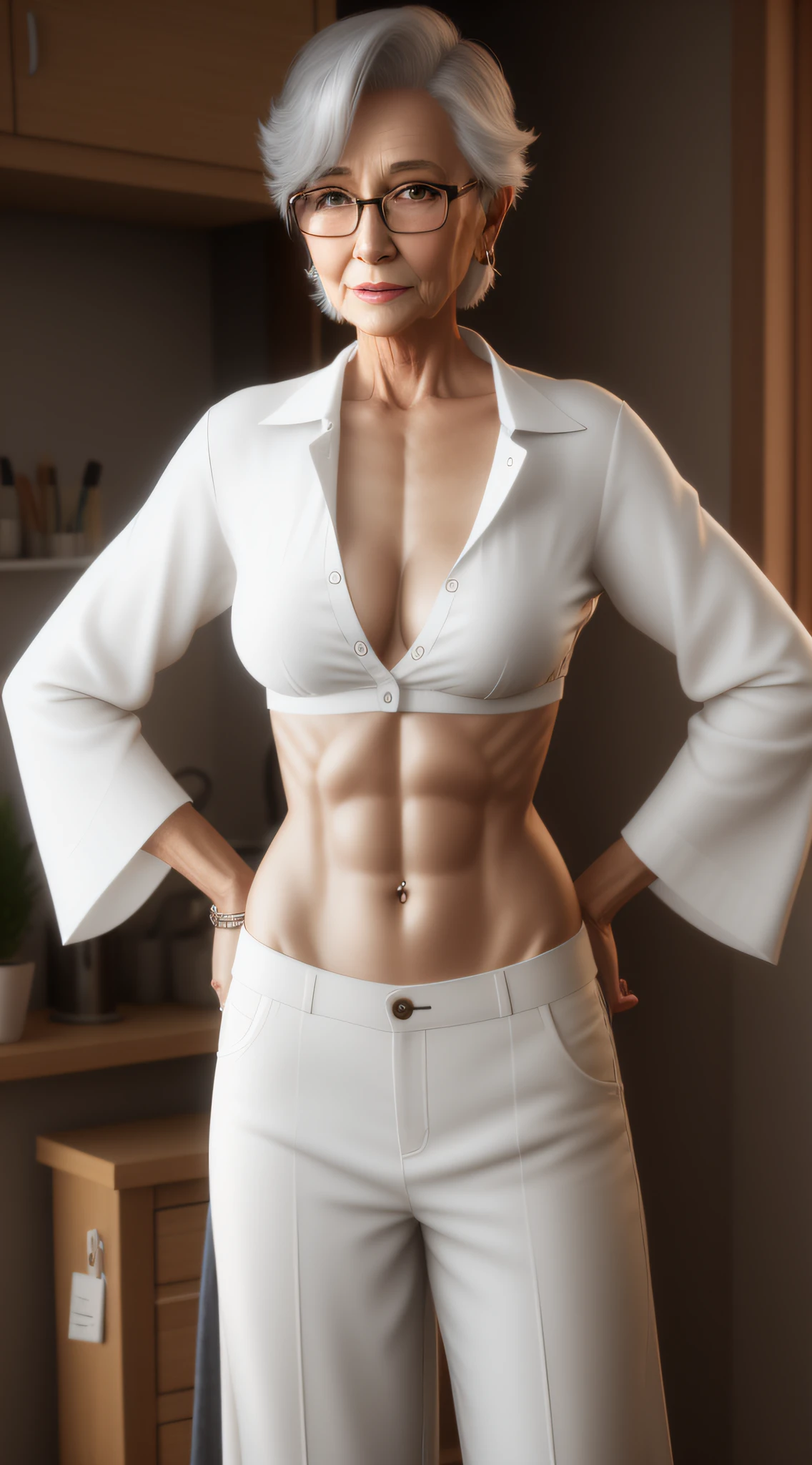 elderly older nerdy woman in a skimpy midriff-shirt and low-rise pants faces to you, 3 d render of a full female body, unbuttoned unglued succinct crop shirt , photorealistic older female normal body, bare belly, feminine and brazen, severe woman, unbuttoned clothes. painting of sexy, enjoys her fresh flesh, realistic elderly female normal body