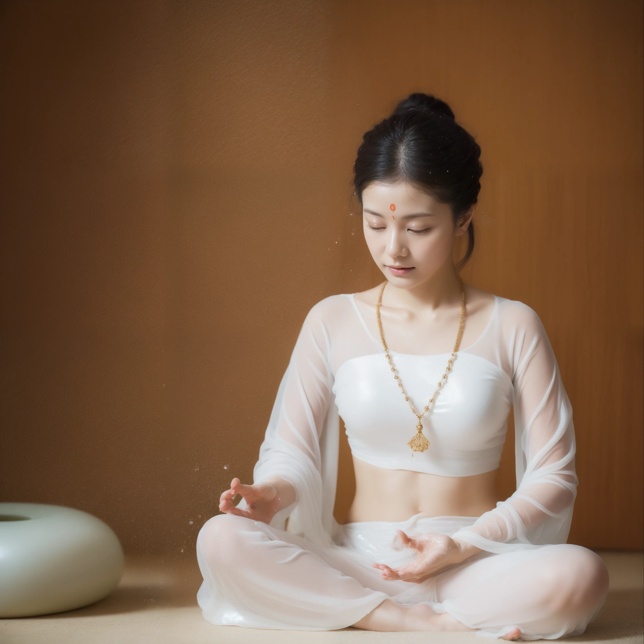 Sexy zen mom sitting meditating in hot room，（Yoga lotus sitting），）（Complete，Delicate and good-looking face）