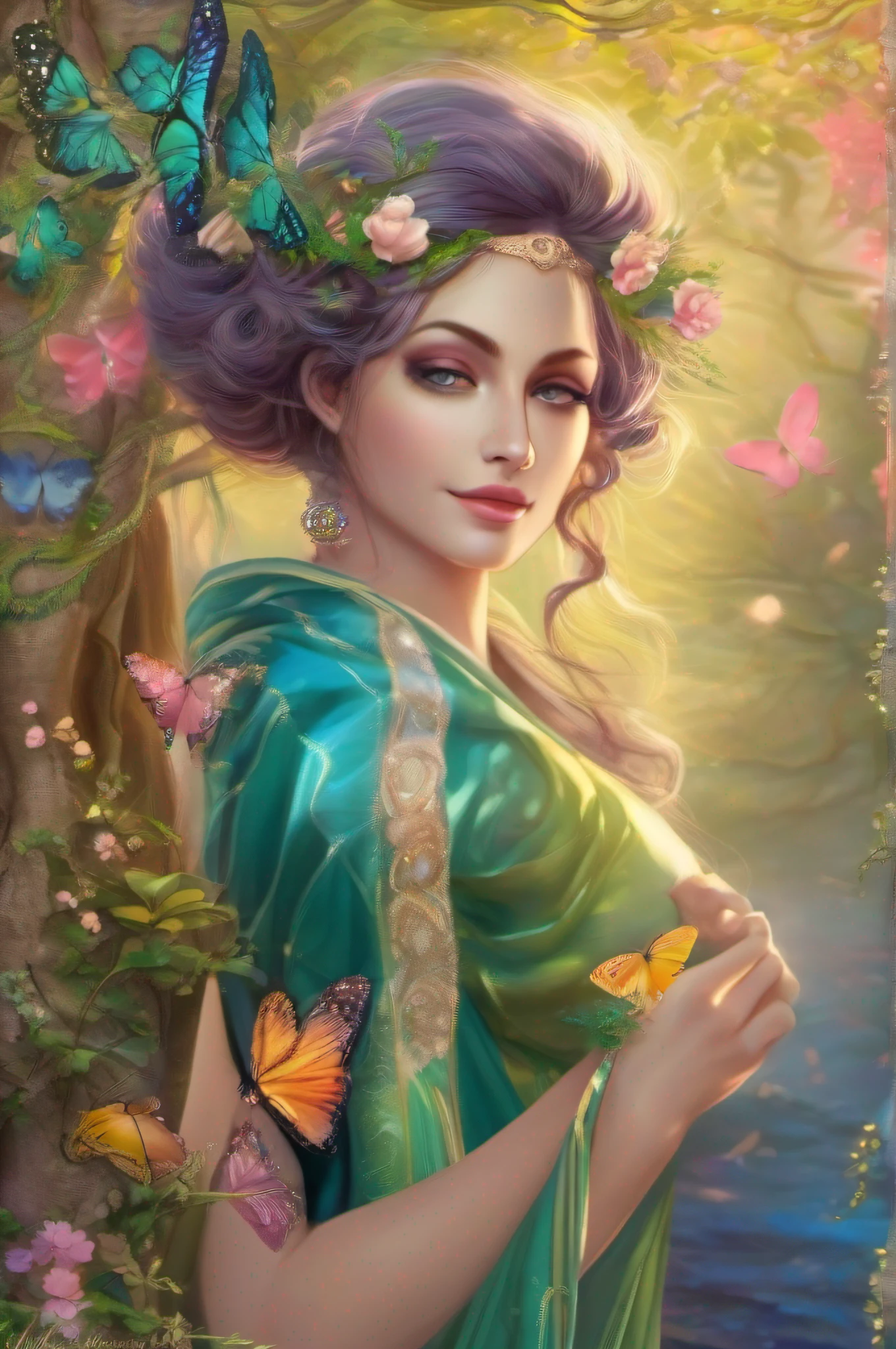 Aeloria is a deity of transcendental beauty, com pele verde radiante, cabelos dourados adornados com flores, olhos de esmeralda, Translucent butterfly wings, vestido com tecidos naturais, segurar um cajado de carvalho e irradiando serenidade e harmonia. Ela personifica a natureza em sua forma mais majestosa.