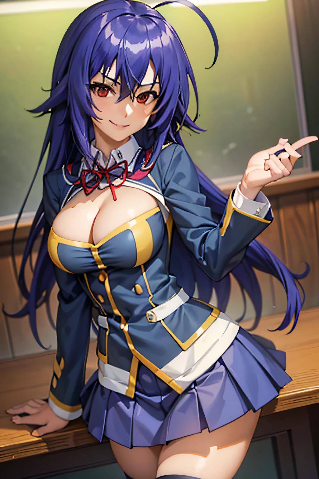 Best Quality, masutepiece, Portrait, 1girl in, Kurokami Medaka, Red Eyes, Blue hair, Long hair, Ahoge, Large breasts, School uniform, cleavage cutout, Clothes Cutout, Pleated skirt, crass room, Looking at Viewer, Smile,